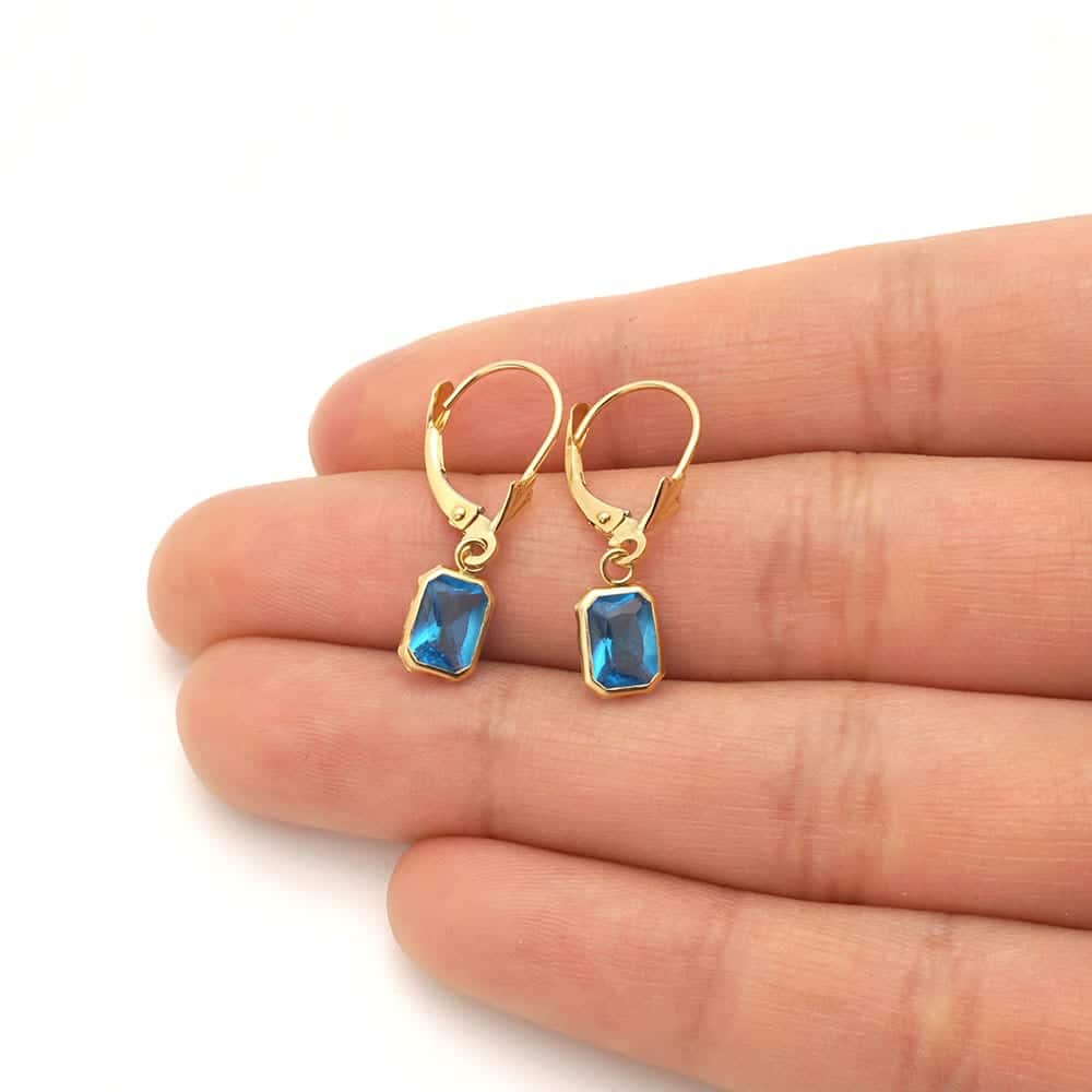 14k Yellow Gold Emerald-Cut Bezel Set Birthstone Drop Leverback Earrings