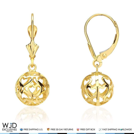 14K Yellow Gold Heart Carved Ball Dangle Lever Back Earrings