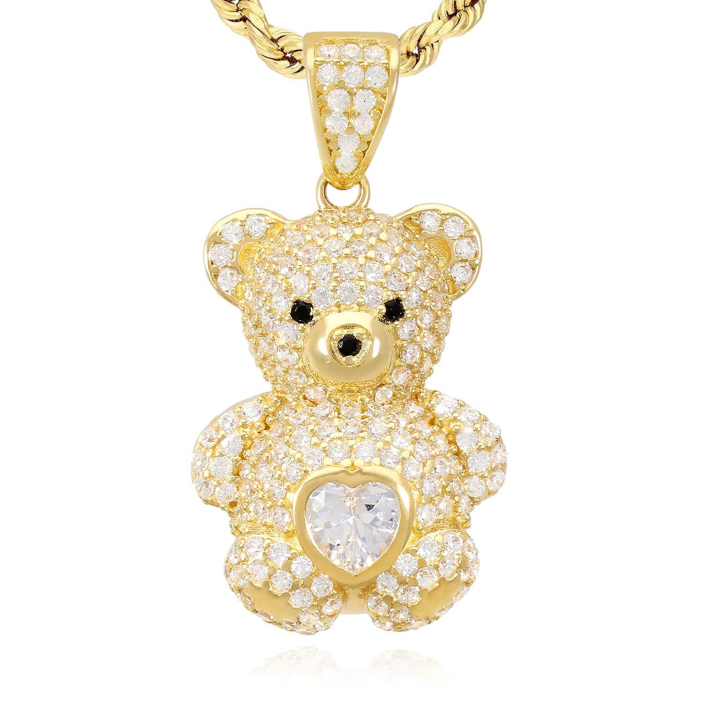 14K Gold CZ Color Birthstone Puffed Teddy Bear Pendant 1.2"