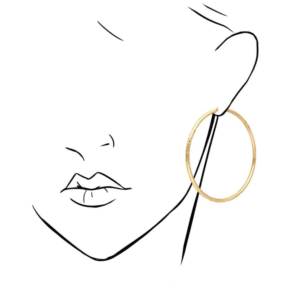 14K Solid Yellow & White Gold 3mm Diamond-Cut Finish Hoop Earrings 19-75mm
