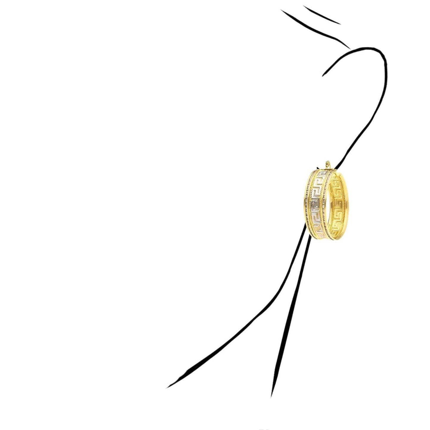 14K Gold CZ Channel-Set All Around Greek Key Hoop Earrings