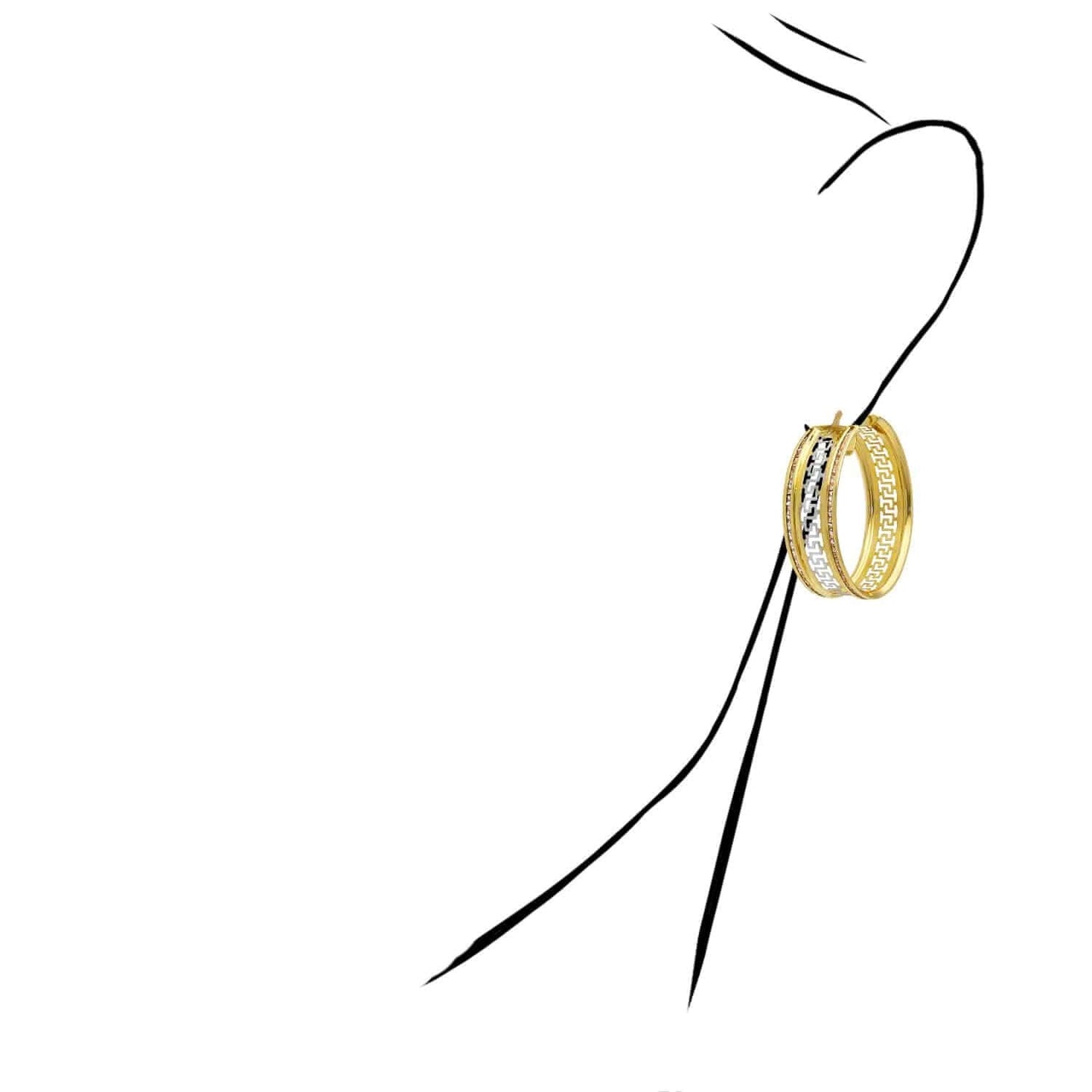 14K Gold CZ Channel-Set All Around Greek Key Hoop Earrings