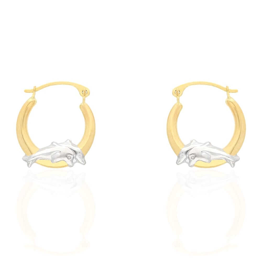 14k Yellow and White Gold Two-Tone Dolphin Hoop Earrings