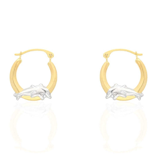 14k Yellow and White Gold Two-Tone Dolphin Hoop Earrings