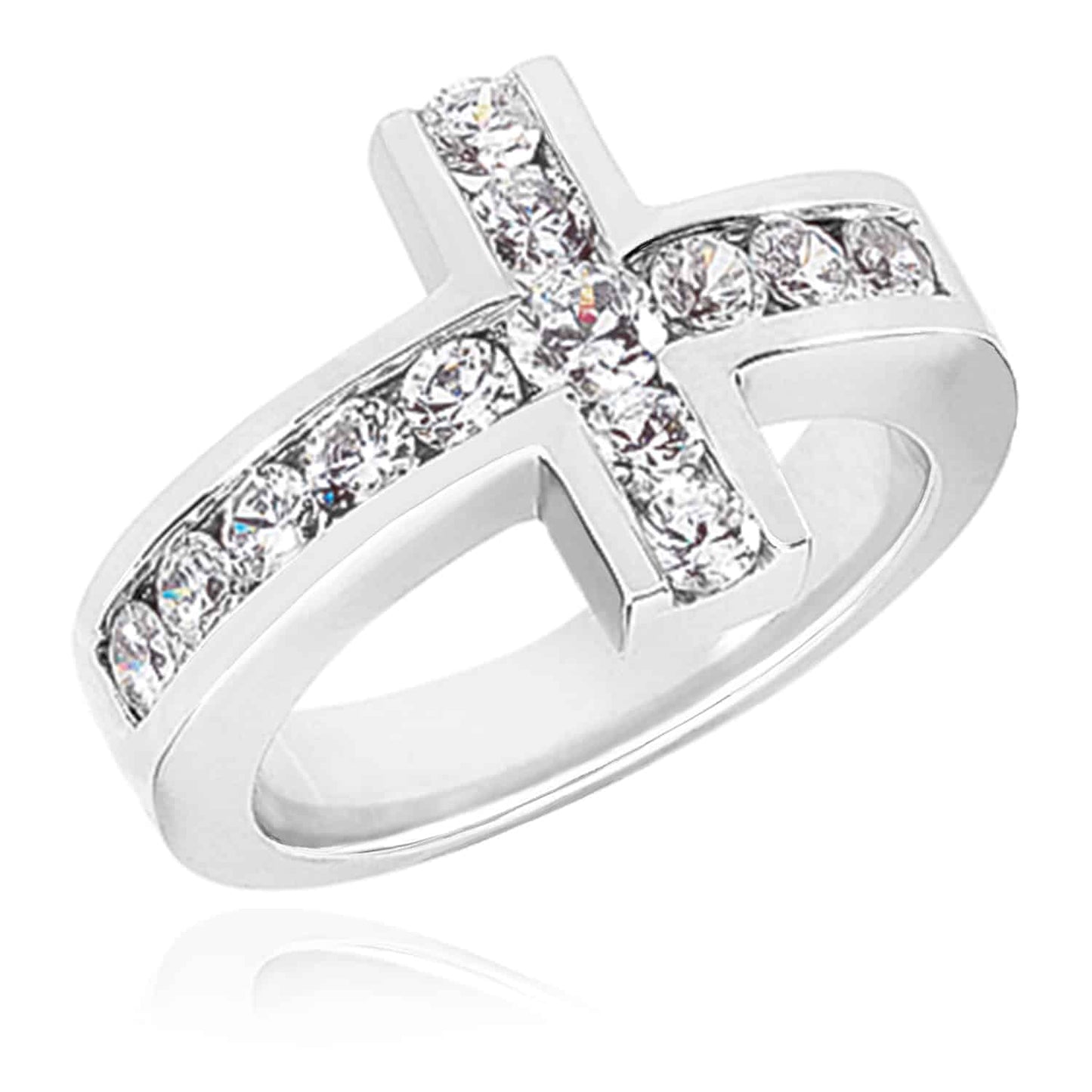 1CTW Real Diamond 14K Solid Real Gold White Sideways Modern Cross Ring