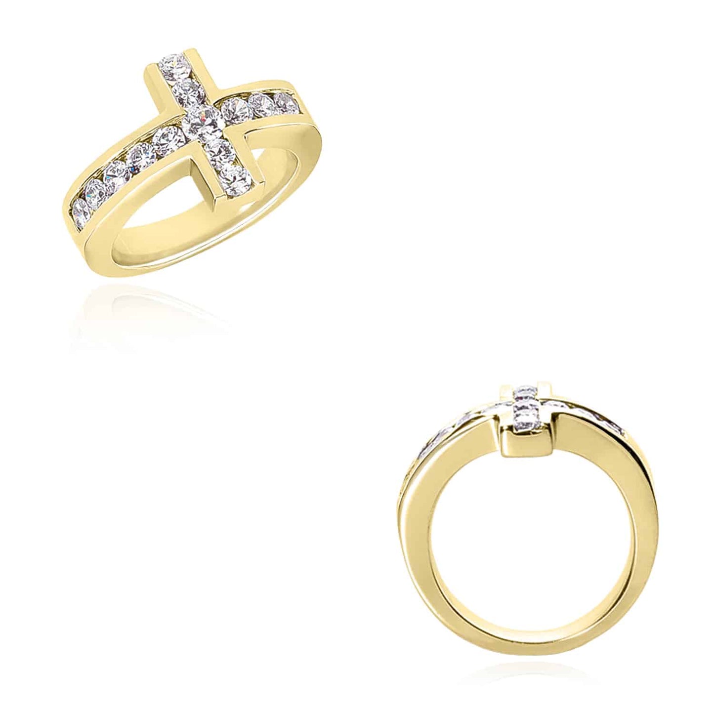 1CTW Real Diamond Solid 14K Real Gold Yellow Sideways Modern Cross Ring