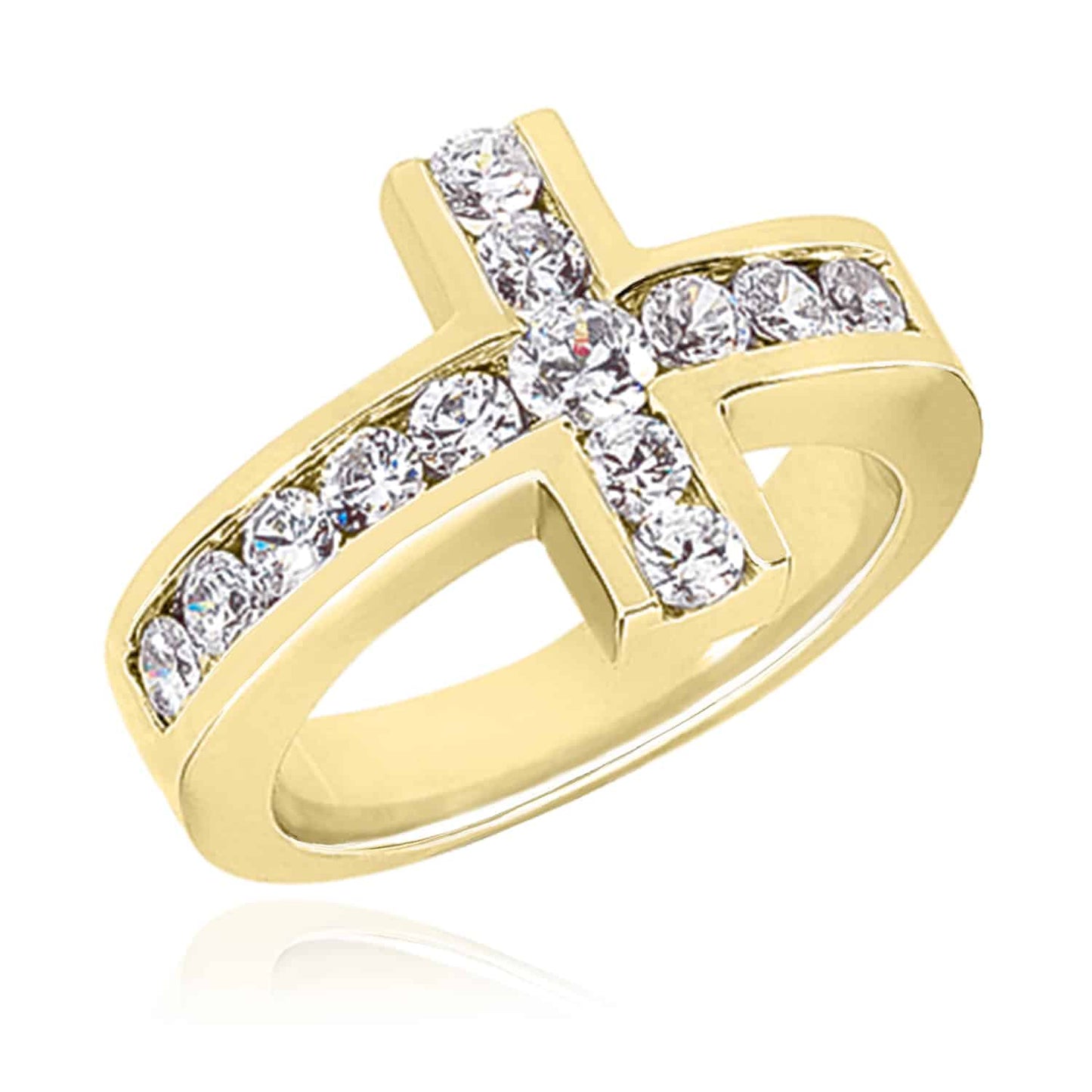 1CTW Real Diamond Solid 14K Real Gold Yellow Sideways Modern Cross Ring