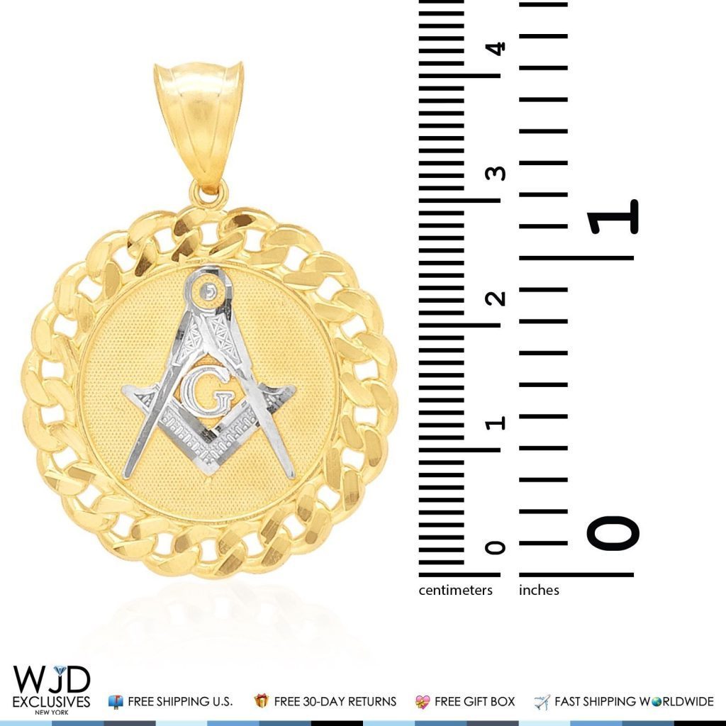 14K Yellow White Gold Freemasonry Square Compass Round Pendant 1.5"