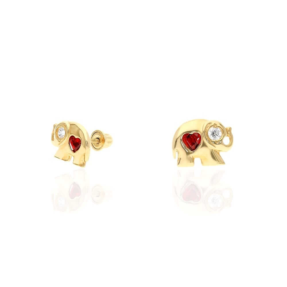 14k Yellow Gold Heart Birthstone Elephant Screw Back Stud Earrings