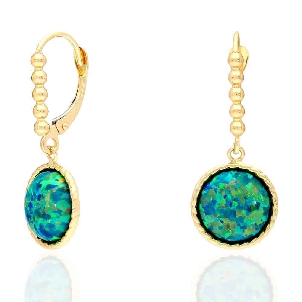 14K Real Gold Yellow, White Twisted Bezel Fire Opal Leverback Earrings 11.5mm