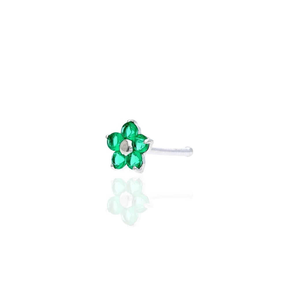 14K White Gold Birthstone Flower Bone Stud 20G Nose Ring