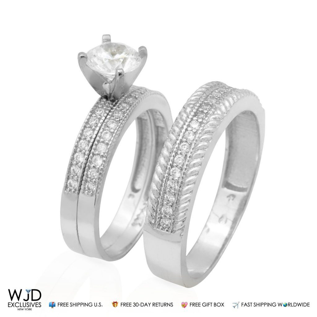 1.90Ct Created Diamond 14K White Gold His And Her's 3 Piece Bridal Ring Set