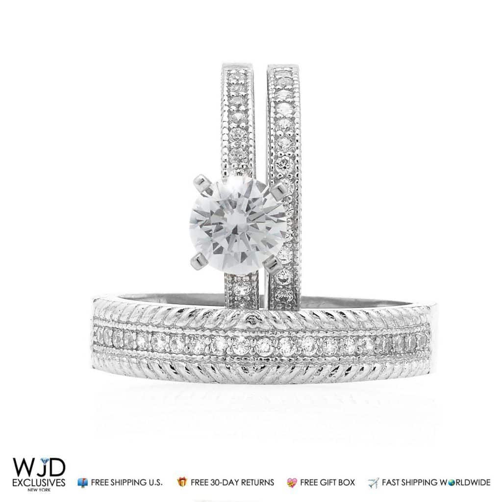 1.90Ct Created Diamond 14K White Gold His And Her's 3 Piece Bridal Ring Set