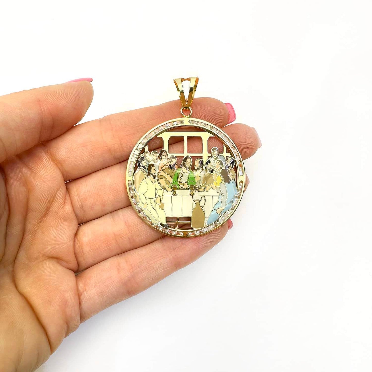 14K Yellow Gold CZ Enamel Religious Last Supper Pendant 2.1"