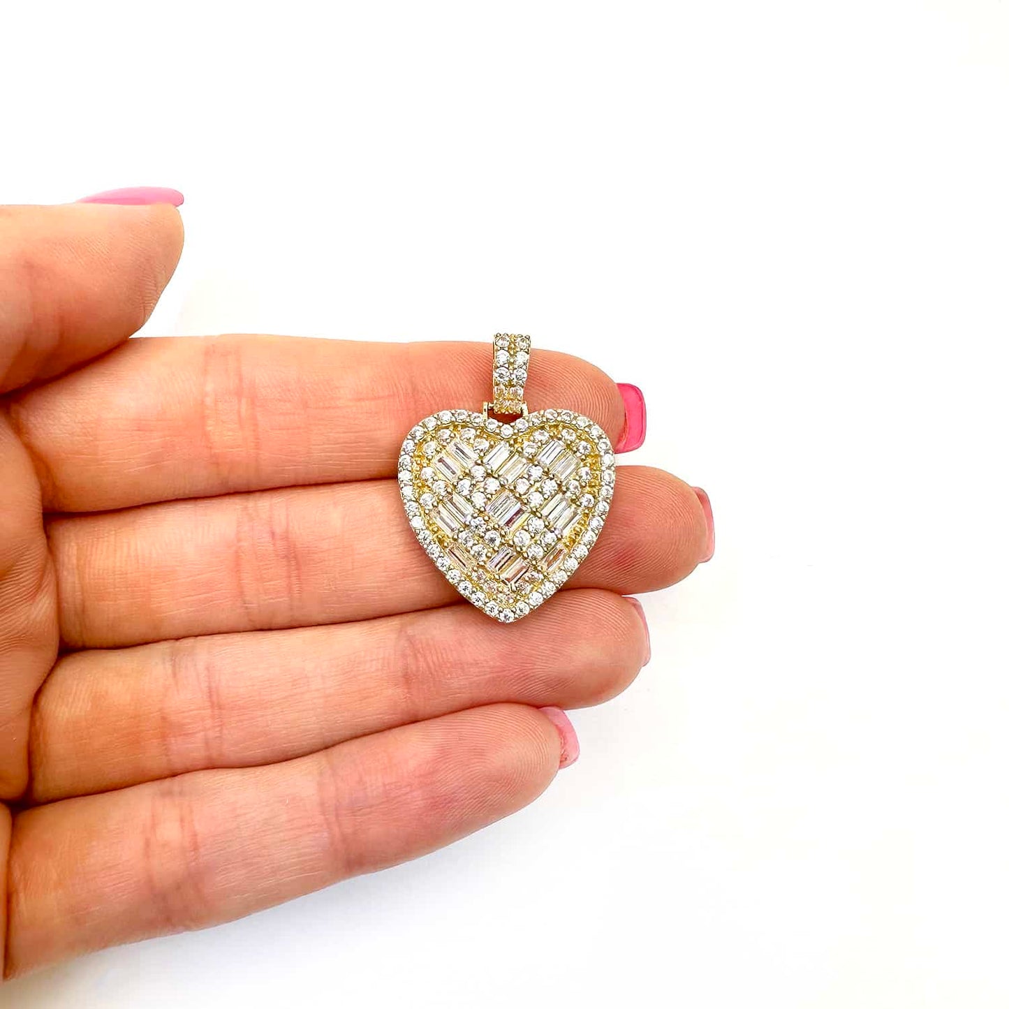 14K Yellow Gold CZ Round Baguette Pave Heart Pendant 1.1"