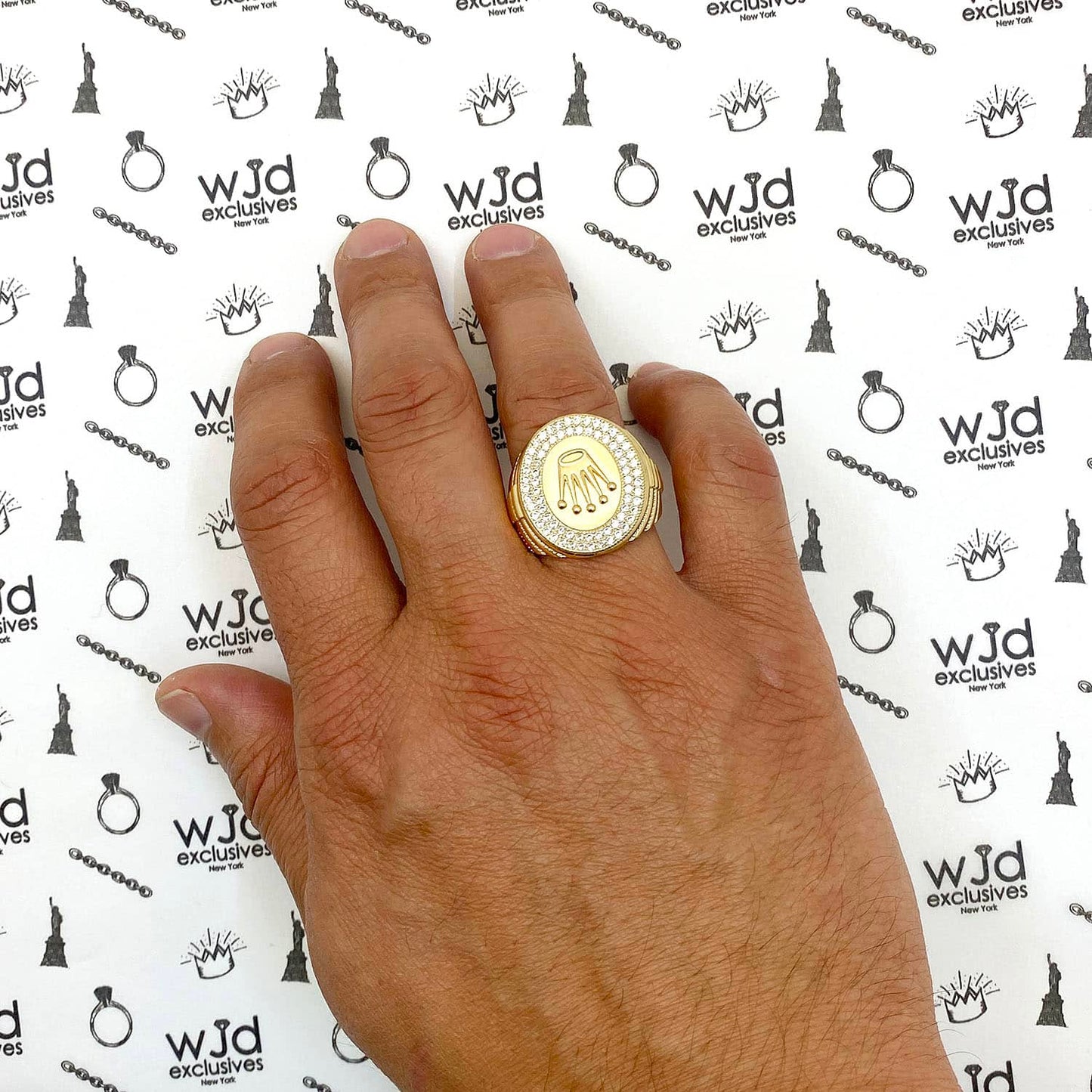 14K Gold Yellow CZ Pave Oval Royal Crown Signet Ring