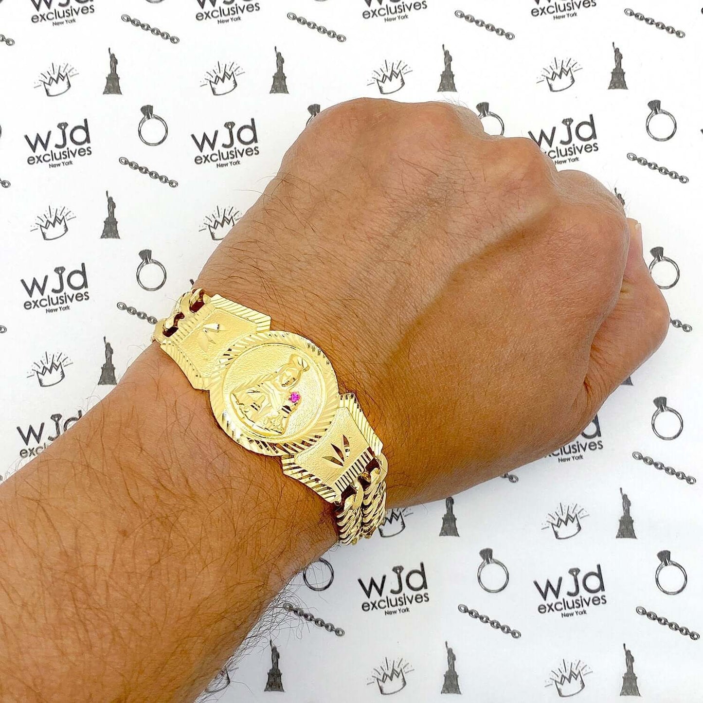 14K Gold Yellow With Ruby Saint Barbara Double Solid Miami Bracelet 9"