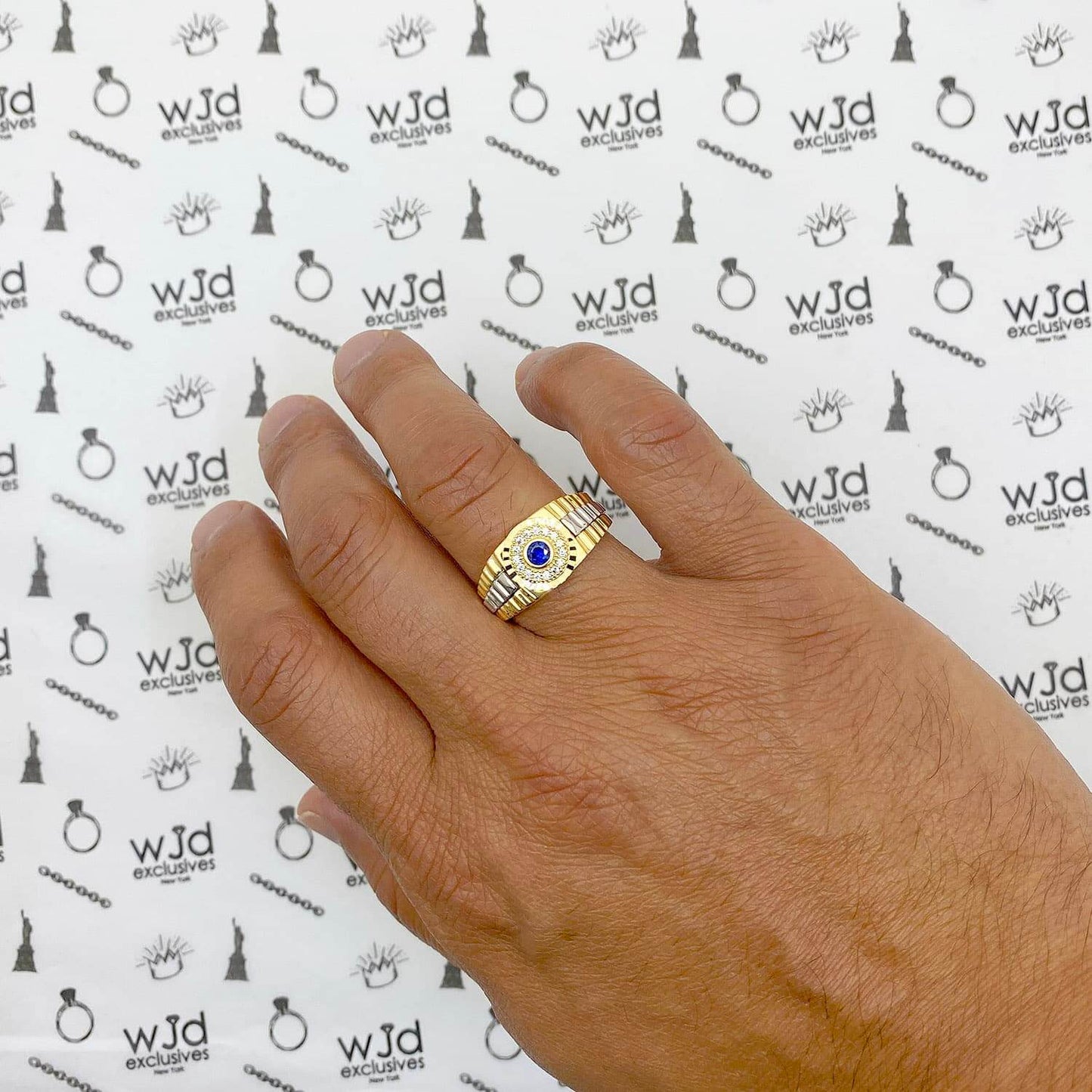 14K Gold Blue Sapphire and CZ Jubilee Signet Ring