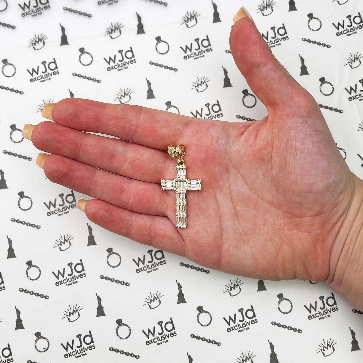 14K Yellow Gold Baguette and Round CZ Cross Pendant 1.8"