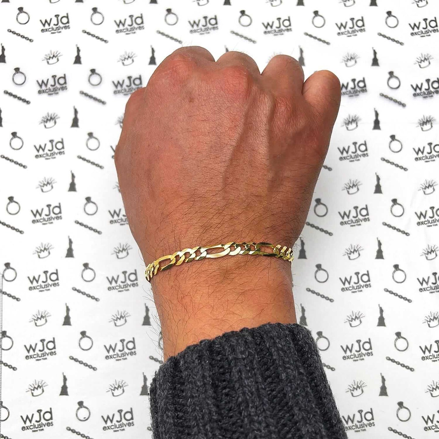 Solid 18K Yellow Gold Over Silver 6.2mm Figaro Bracelet 8"-9"