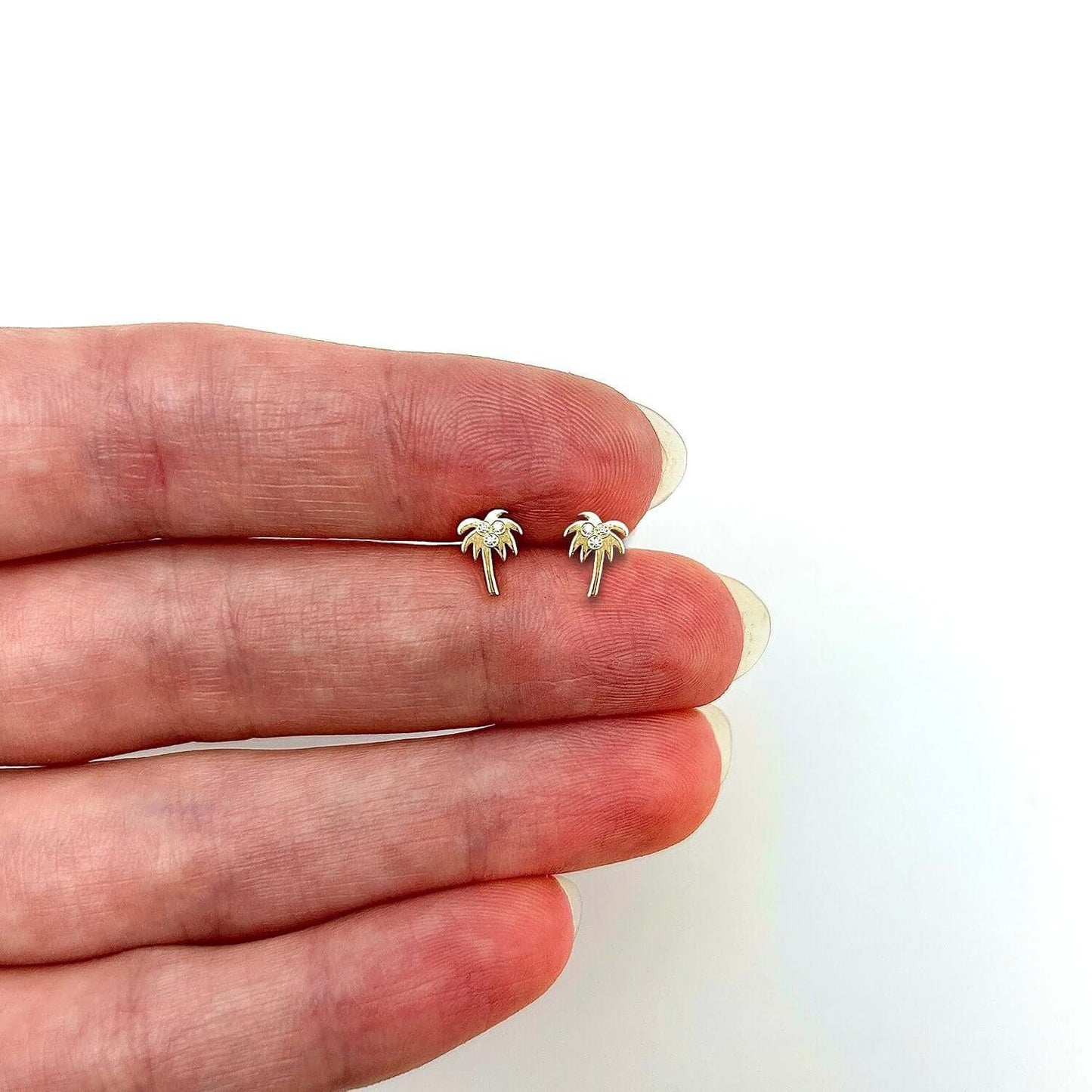 0.02CTW Real Diamond 14K Real Gold Palm Tree Stud Push Back Earrings 8mm