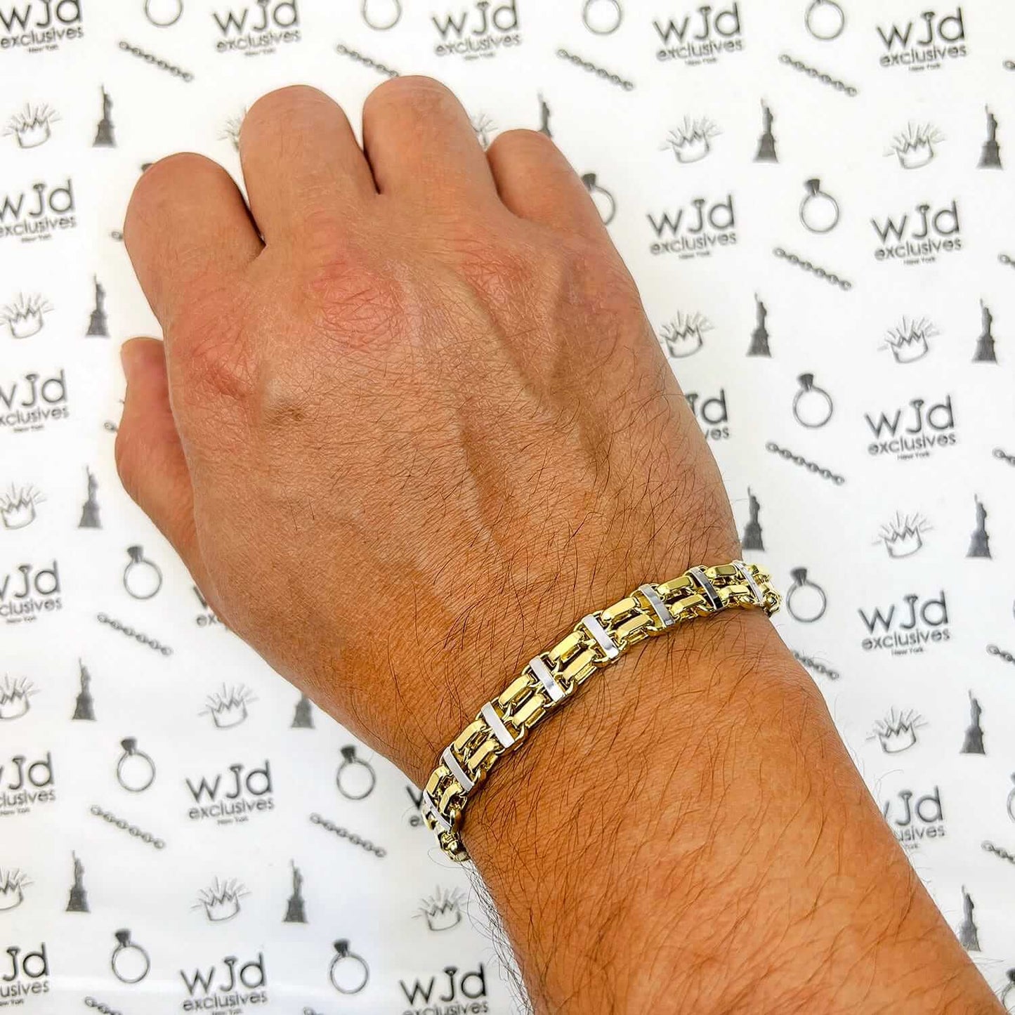 14K Real Two-Tone White 8.5mm Hollow Bike Double Rolo Bracelet 8.75"