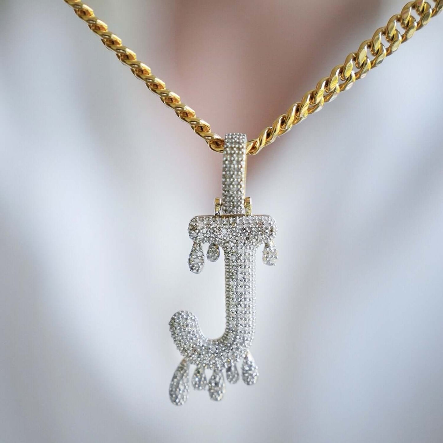 0.65CTW Real Diamond 10K Rea Gold Dripping Initial Letter Pendant 1.6"