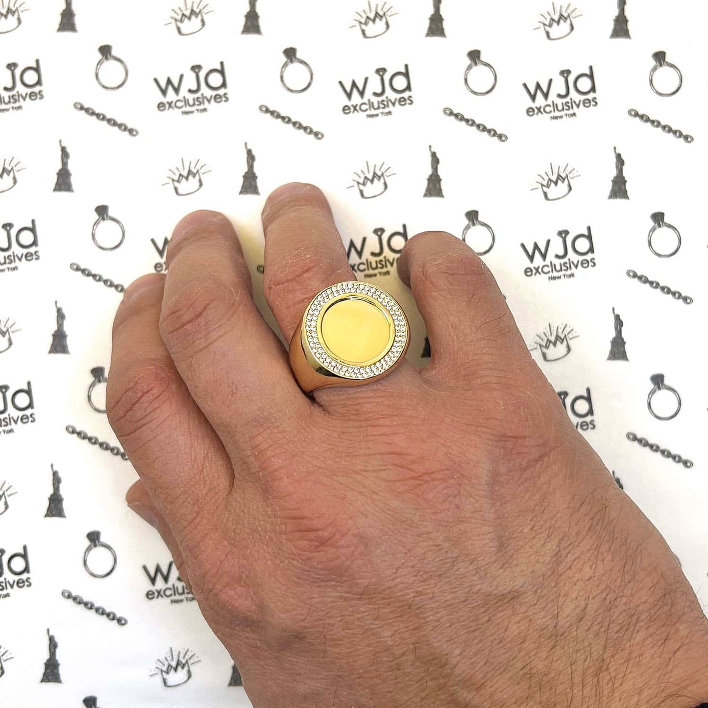 14K Gold Yellow CZ Personalized Photo Picture Memory Signet Ring