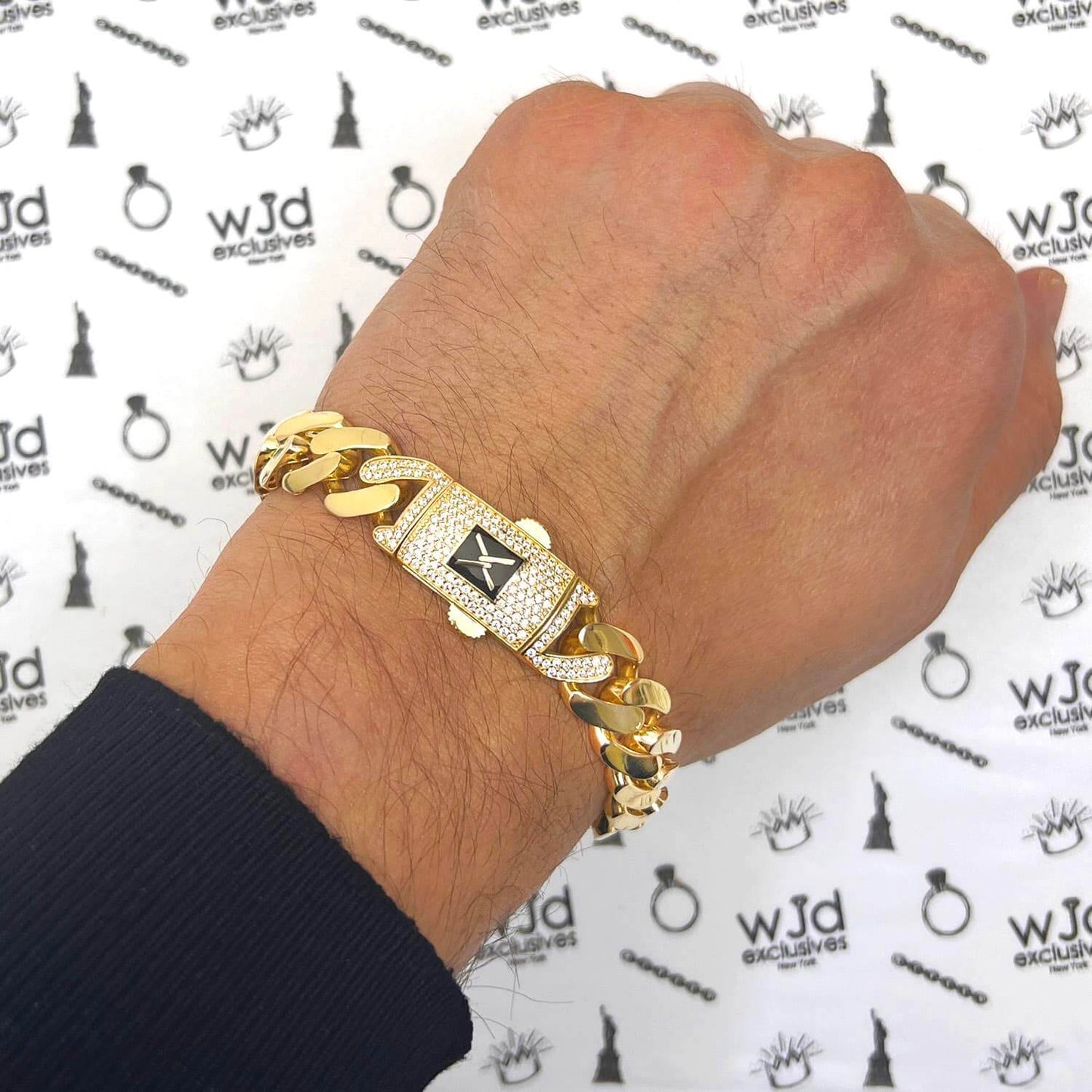 10K Gold Yellow 13mm Hollow Miami CZ Pave Box Clasp Bracelet 8.5"