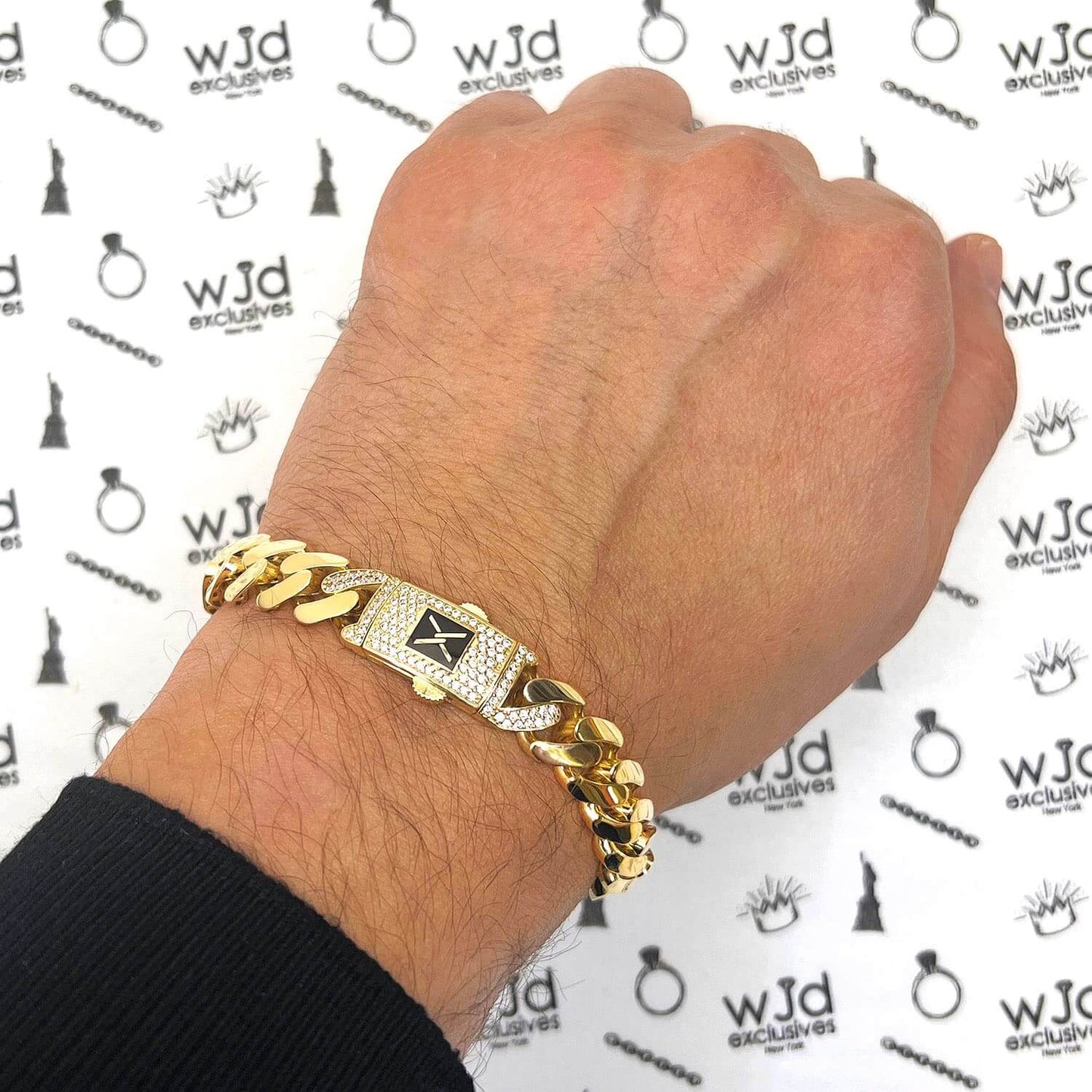 10K Gold Yellow 11mm Hollow Miami CZ Box Clasp Bracelet 8.25"