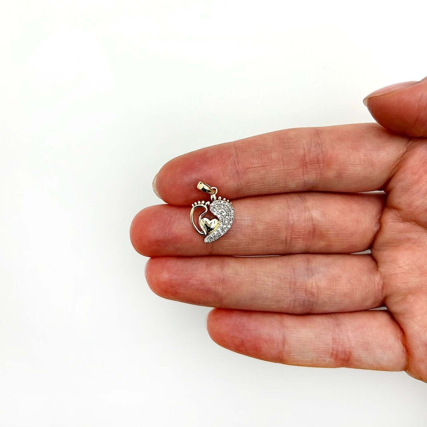 0.13CTW Real Diamond 10K Gold Mother Child Footprints Heart Pendant 0.7"
