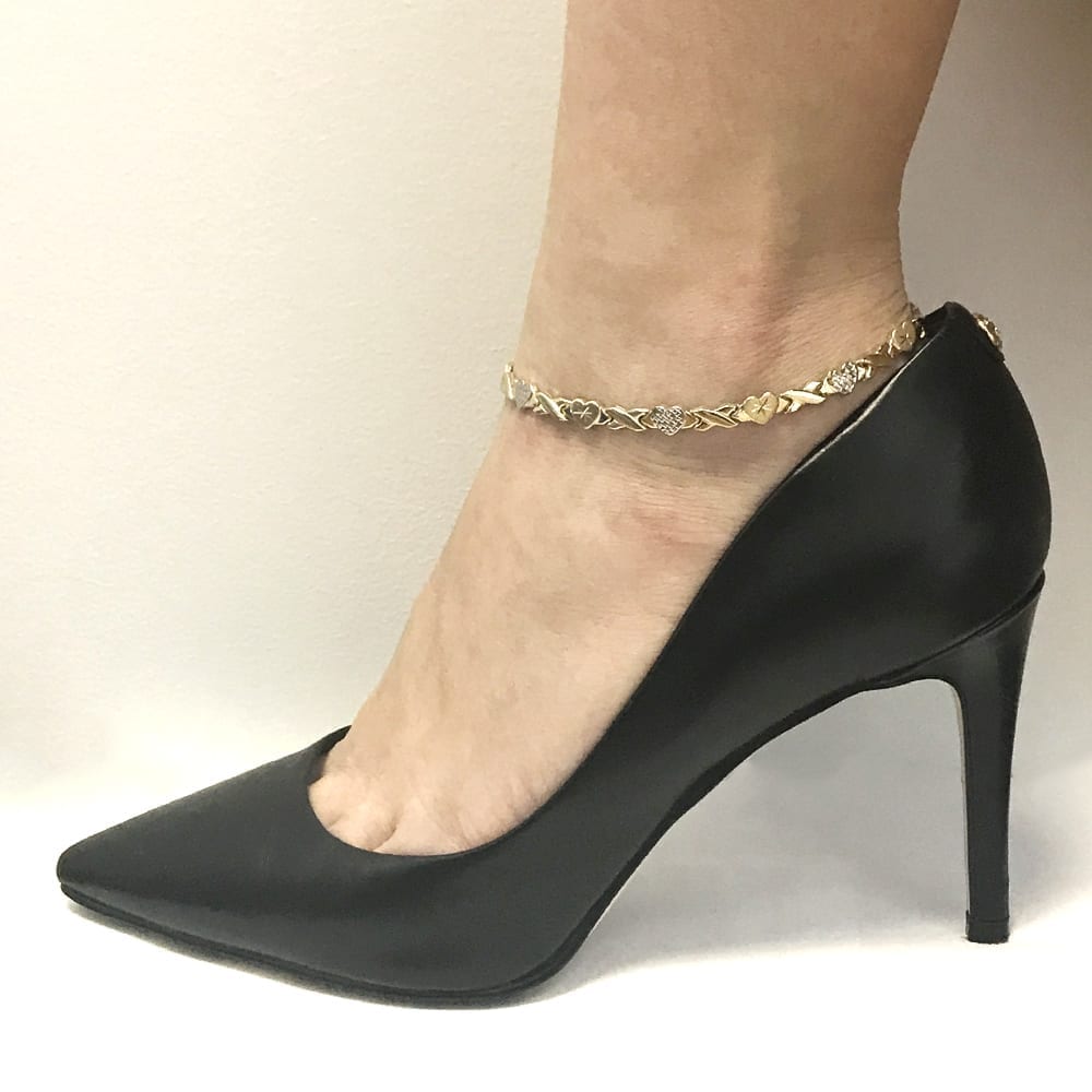 14k Gold Two-Tone Hearts & Kisses XO Ankle Bracelet 10"