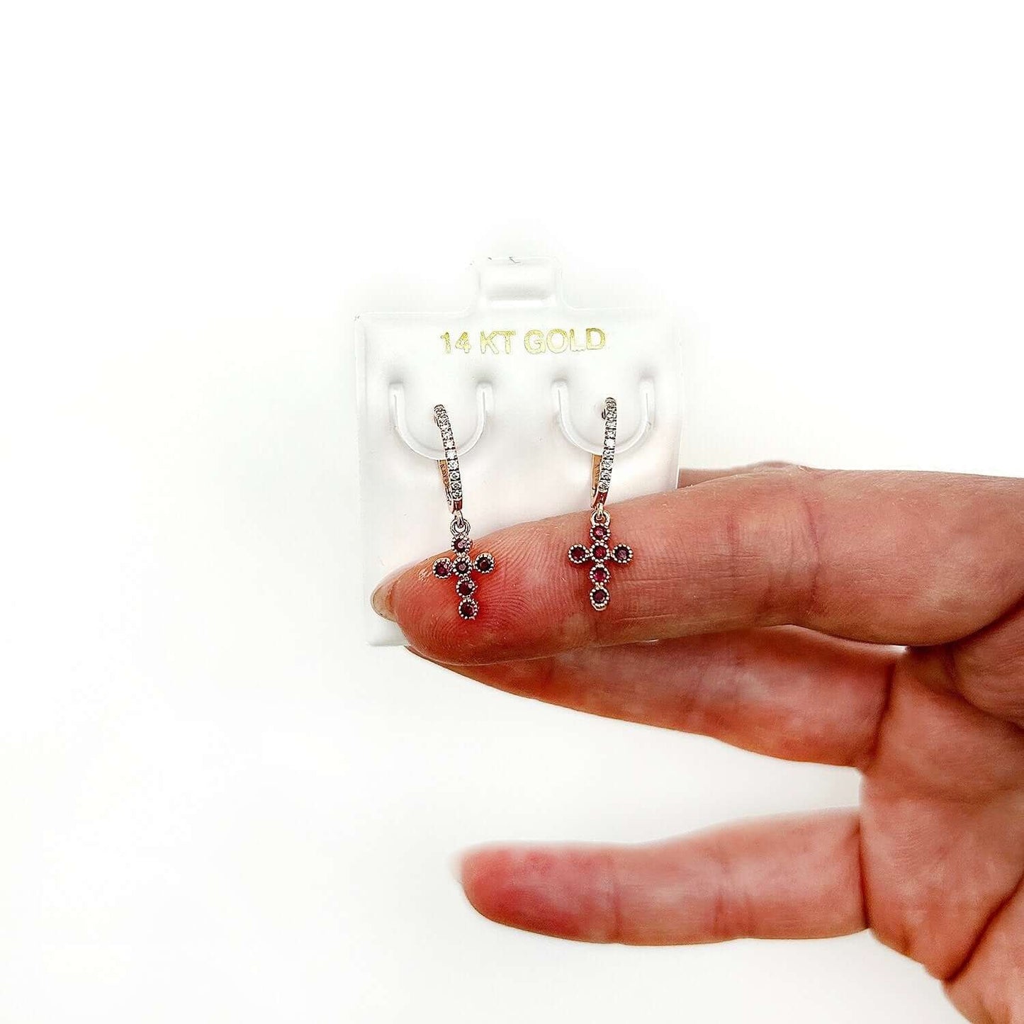 0.10CTW Real Diamond 14K Rose Gold Red Ruby Cross Earrings 23mm