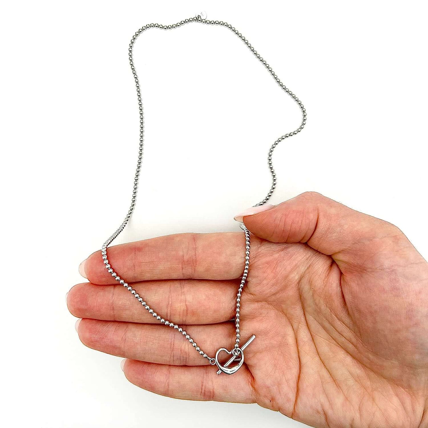 Sterling Silver Toggle Clasp Heart Pendant Ball Beaded Necklace 18"