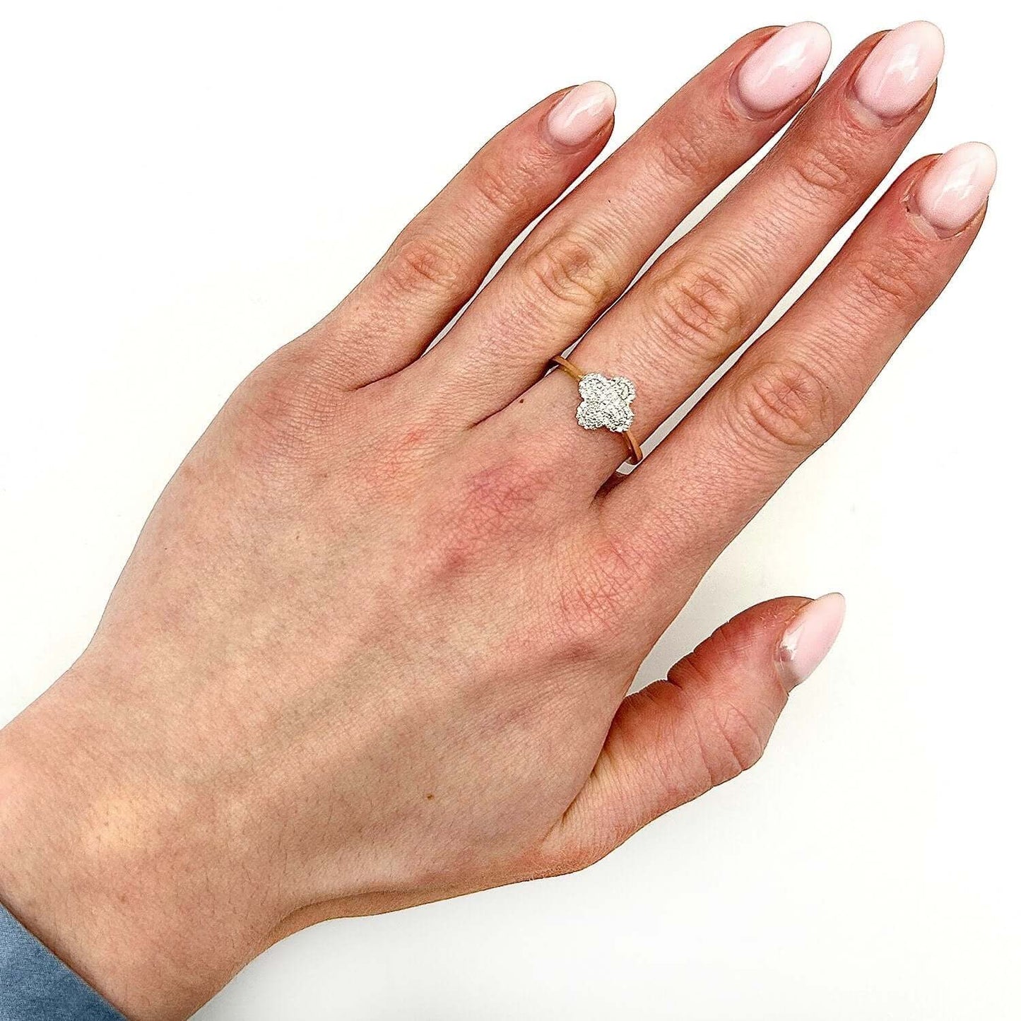 0.20CTW Real Diamond 10K Gold Yellow White Clover Cocktail Ring