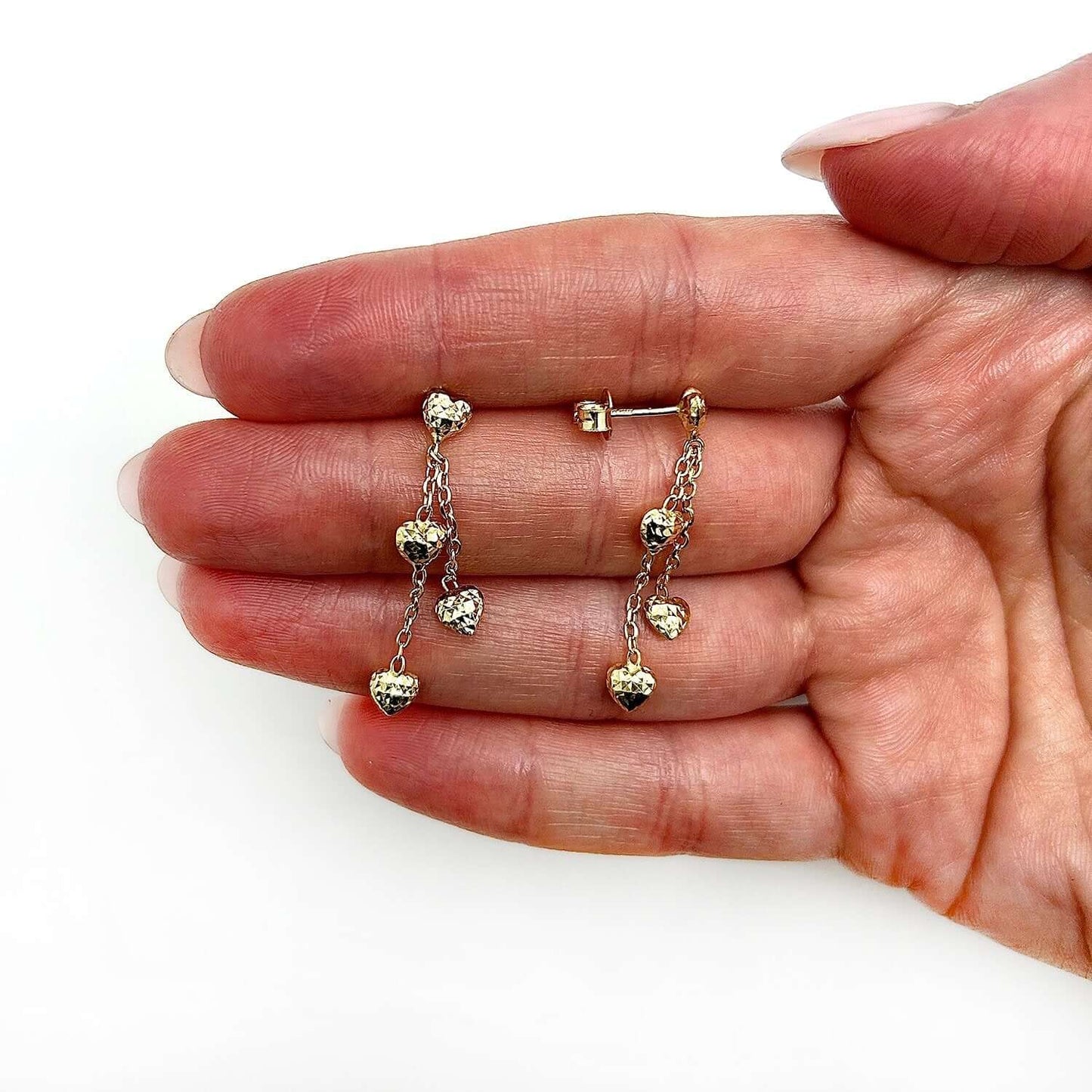 14K Yellow Gold Diamond Cut 3-Puffed Heart On Cable Strand Drop Earrings