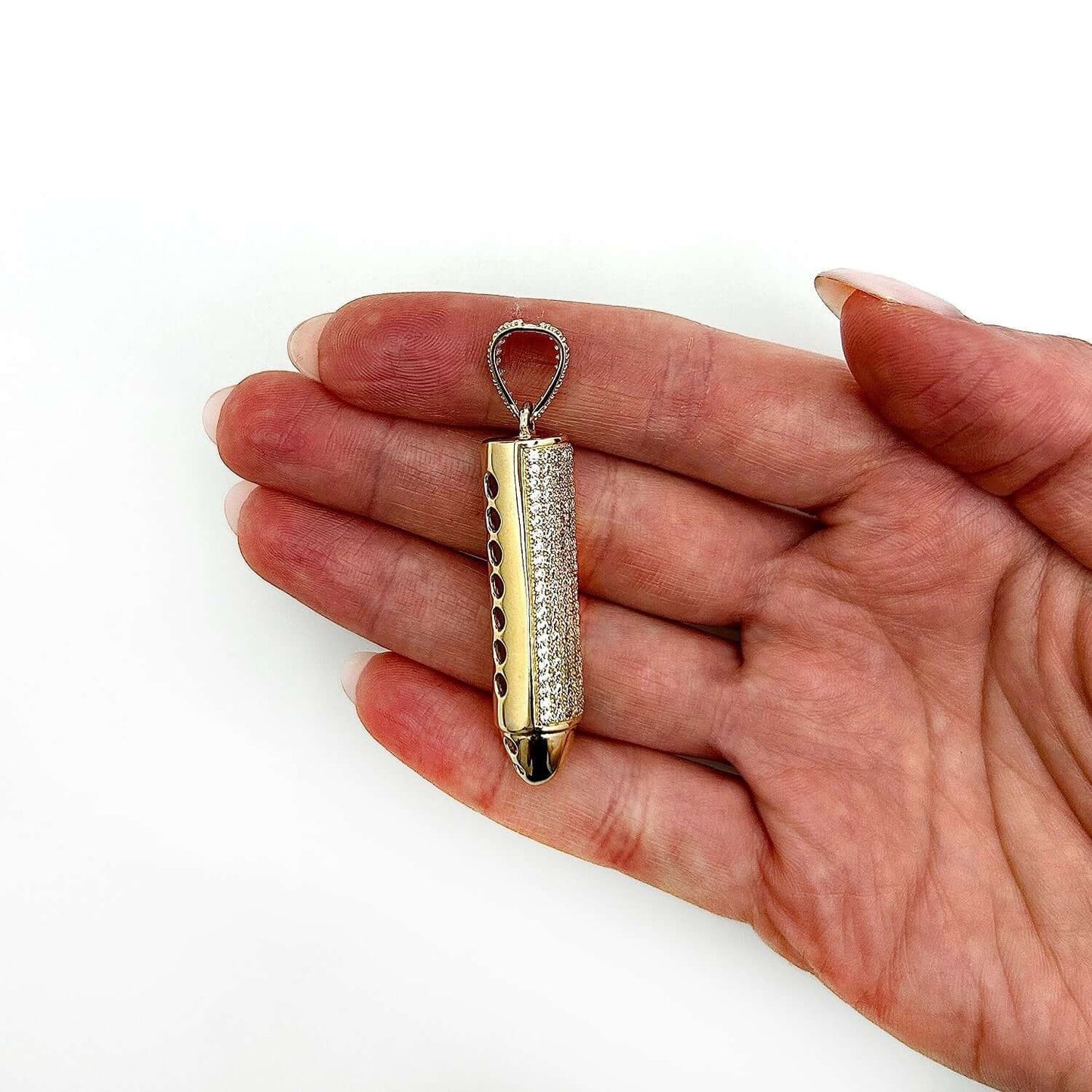 14K Real Gold Bullet-Shaped CZ Pendant 1.7" 2.2" 2.6"
