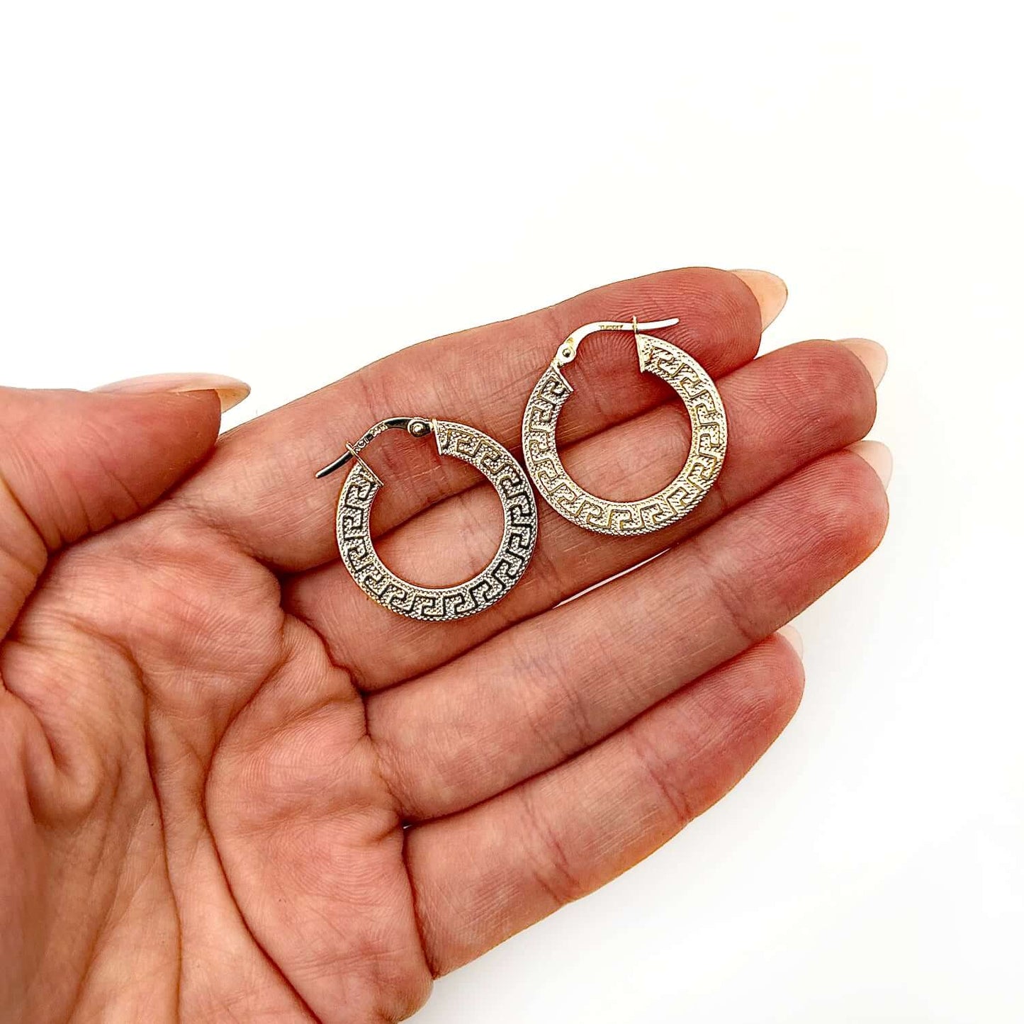 14K Gold Textured Greek Key Hoop Earrings 15mm