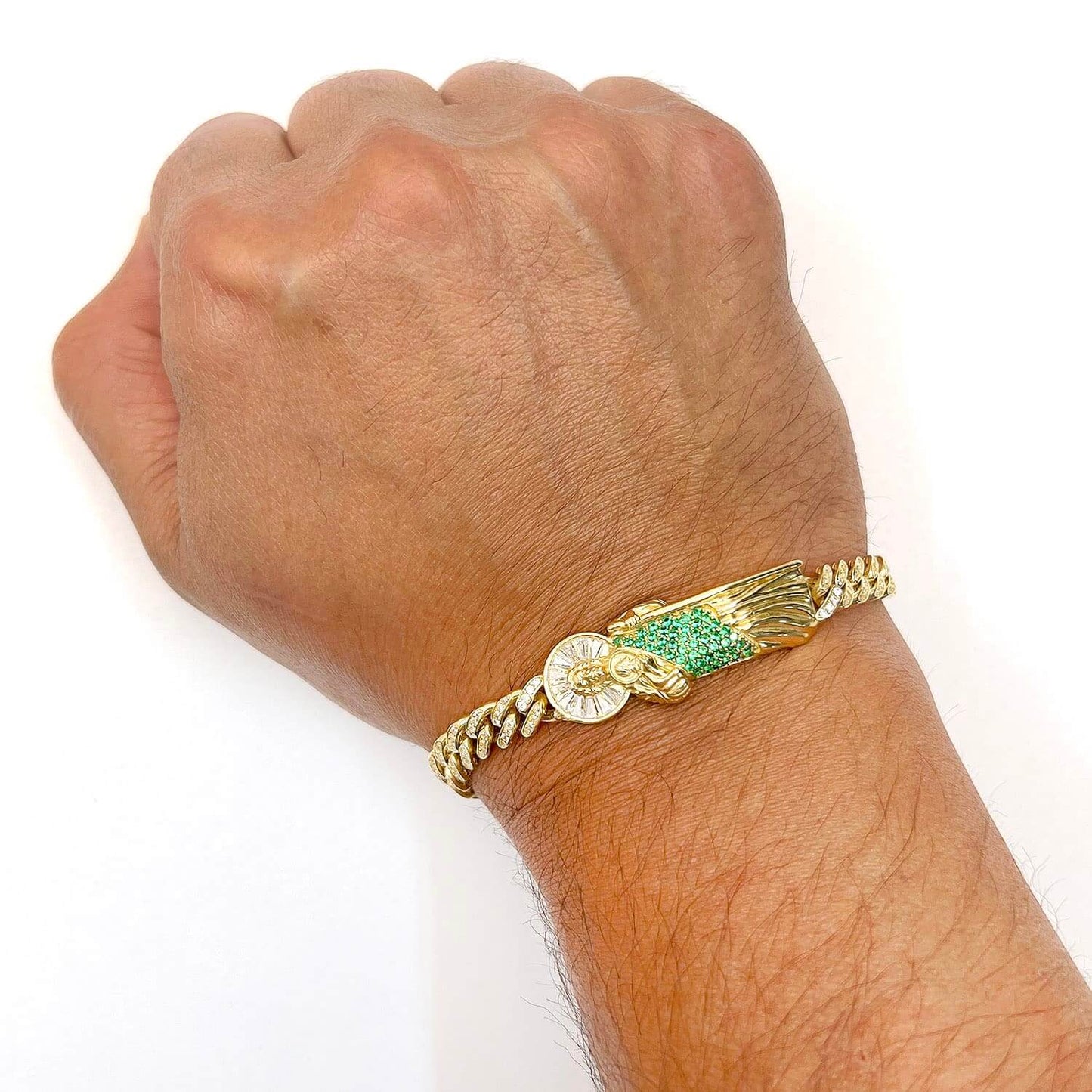 14K Gold Yellow CZ Emerald Pave Saint Jude Miami Bracelet 8"