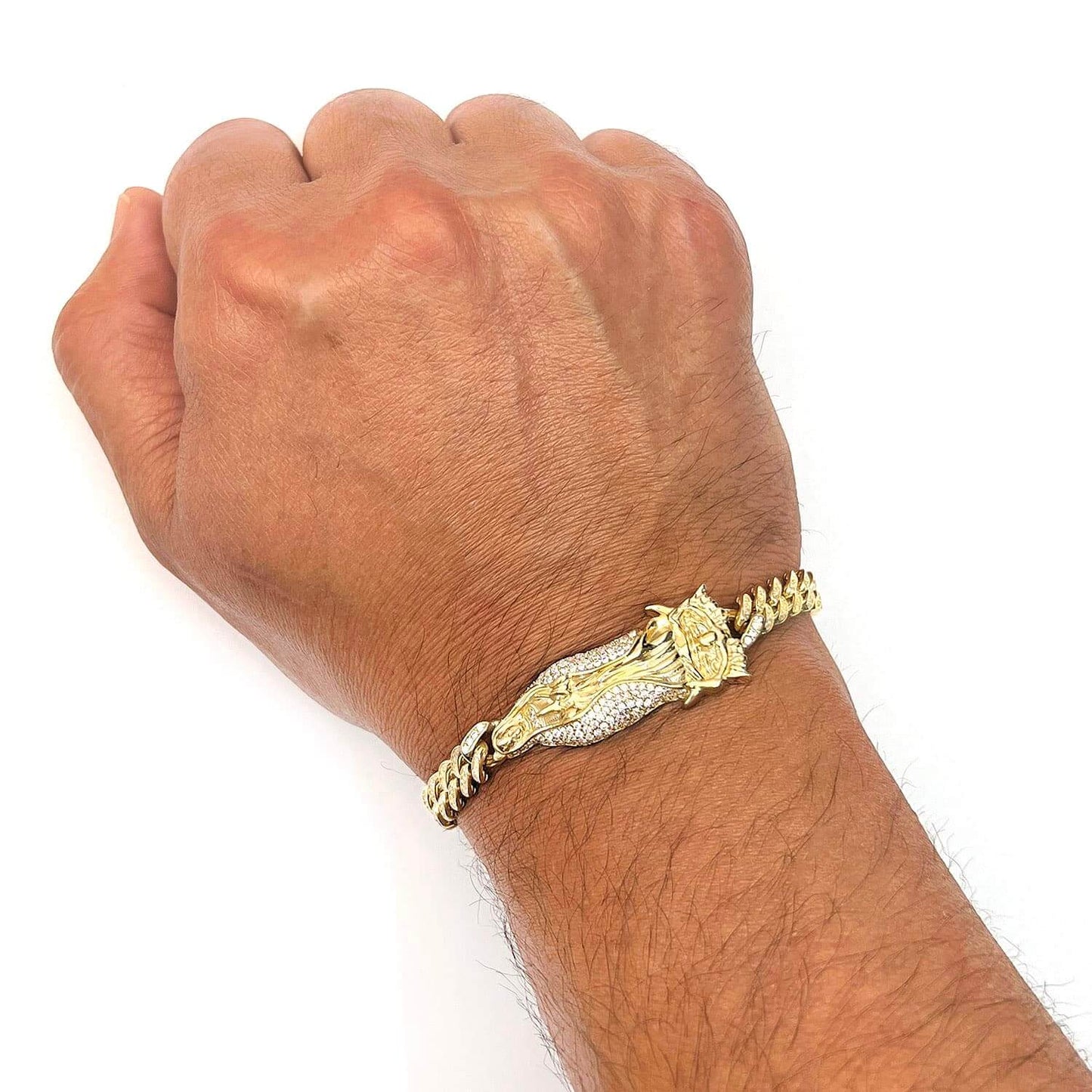 14K Gold Yellow CZ Lady Guadalupe Virgin Mary Miami Bracelet 8"