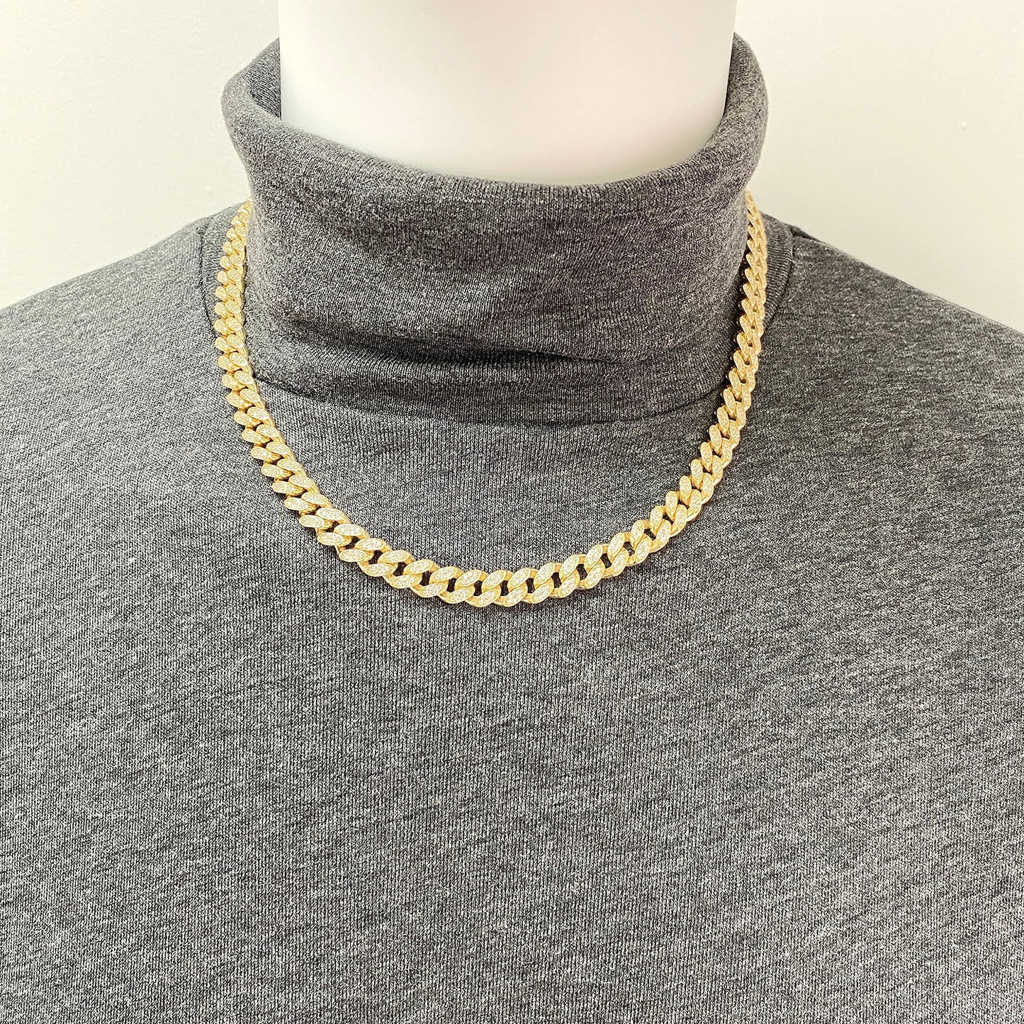 14K Gold CZ Pave Hollow 9mm Miami Chain Necklace 18.5"-20.5"