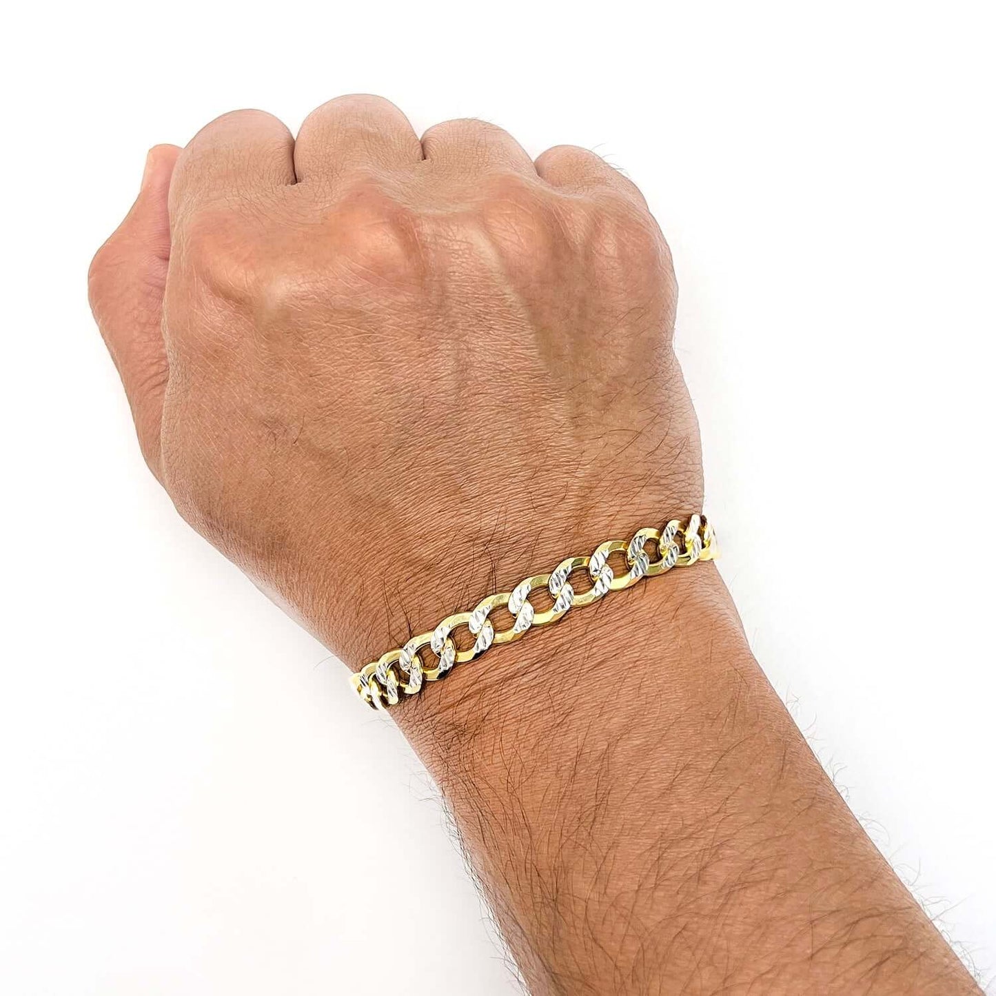 Solid 18K Yellow Gold Over Silver 8.5mm Diamond-Cut Cuban Bracelet 8"-9"