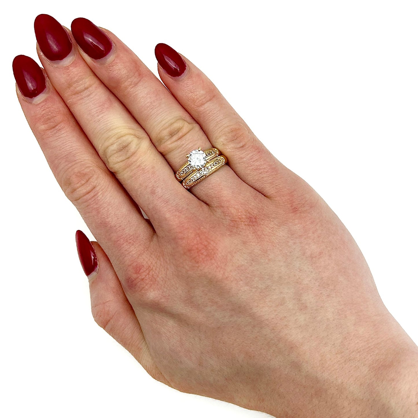 14K Gold Yellow His Her 3-piece Bridal Ring Set 1.6Ct CZ