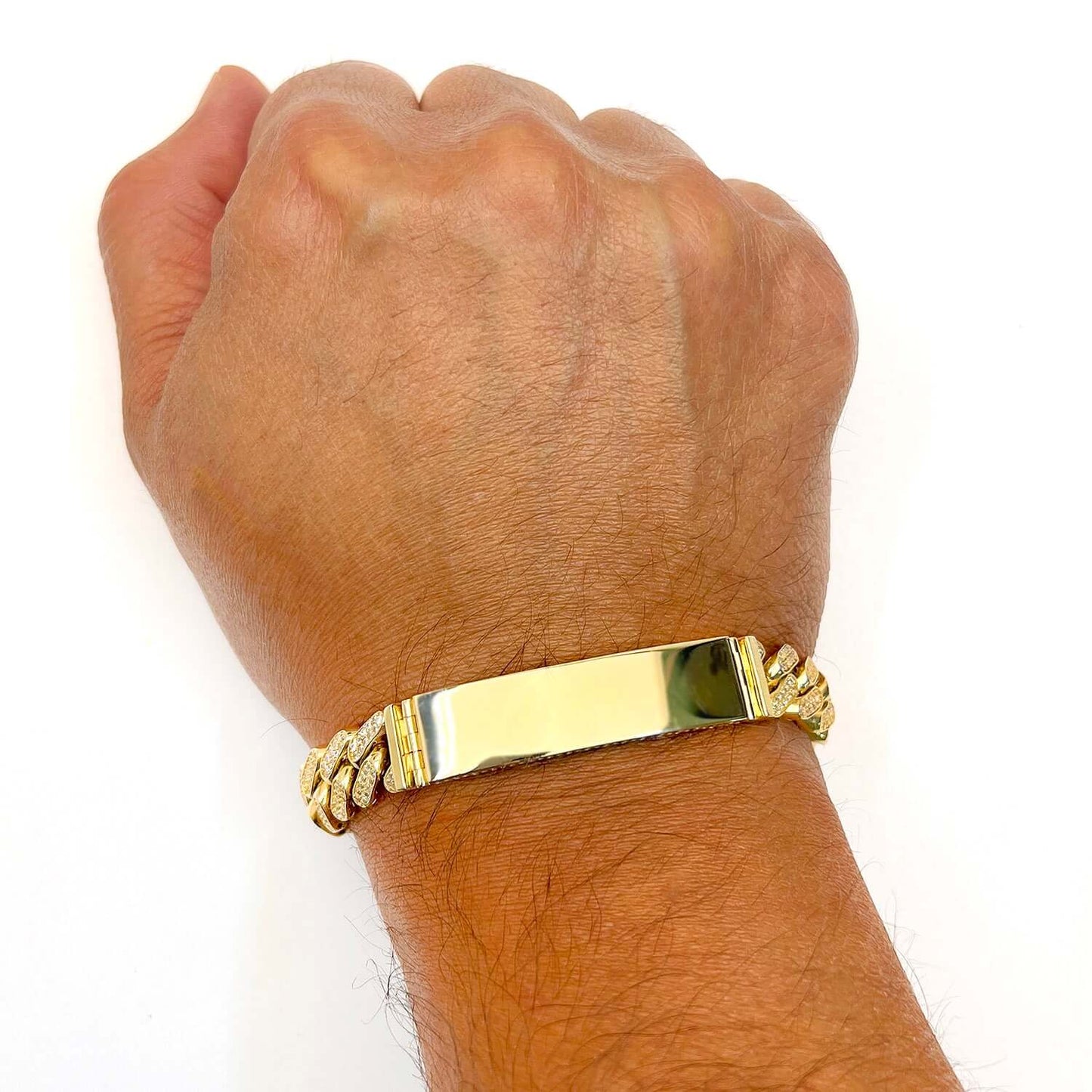 14K Gold Yellow CZ Pave 11mm Miami ID Bar Bracelet 8"