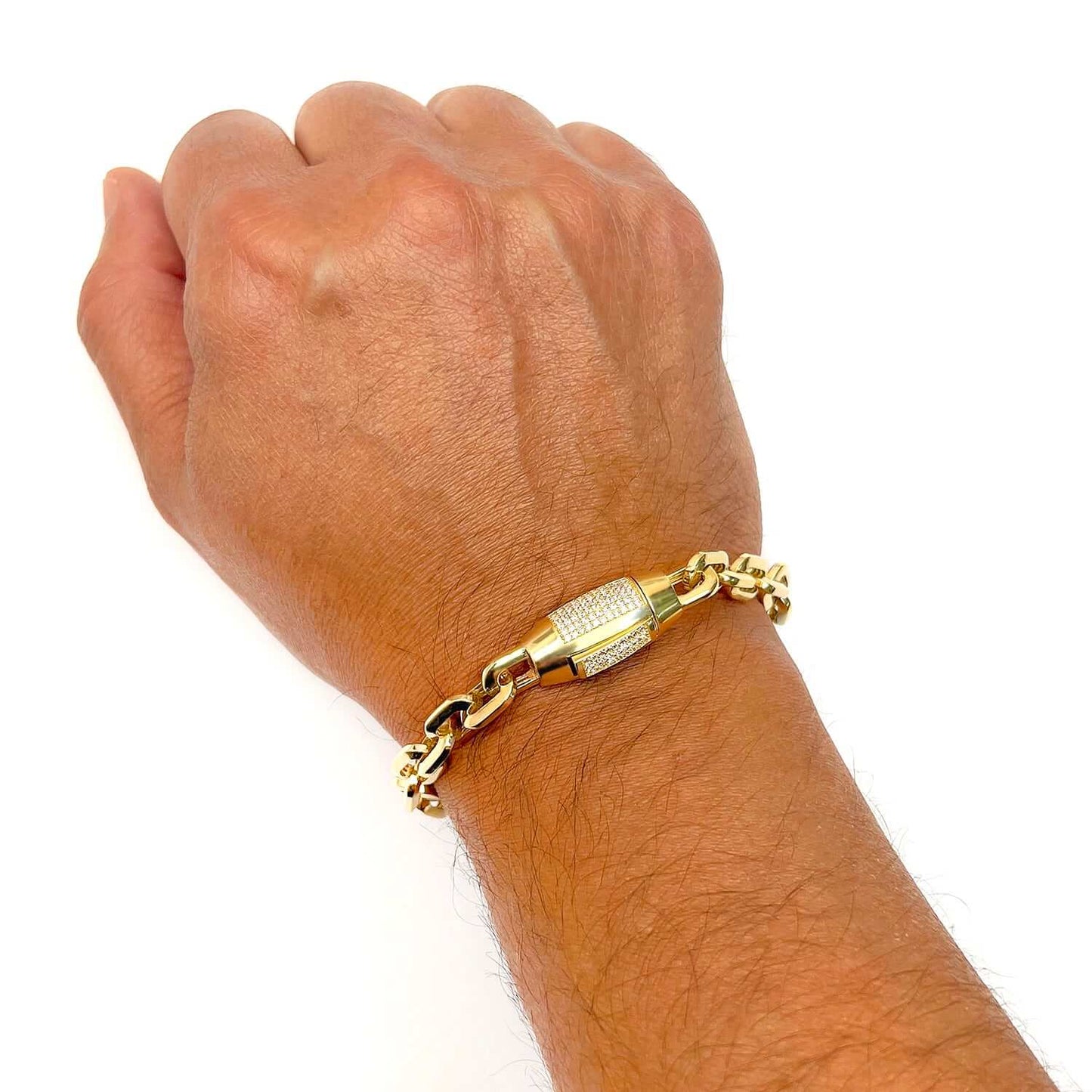 14K Gold CZ 8mm Barrel Clasp Parallel Oval Cable Bracelet 8"