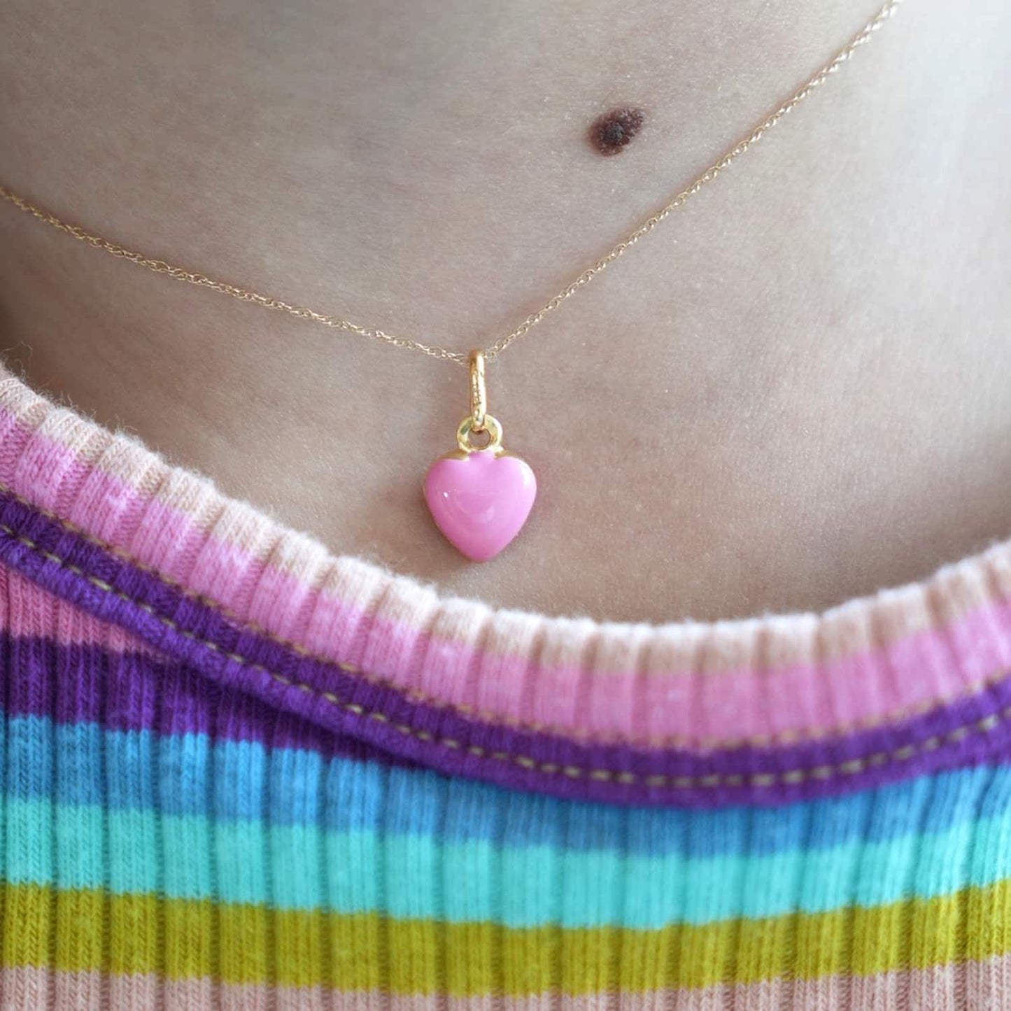 14k Yellow Gold Pink Enamel Heart Pendant Cable Chain 16-18"