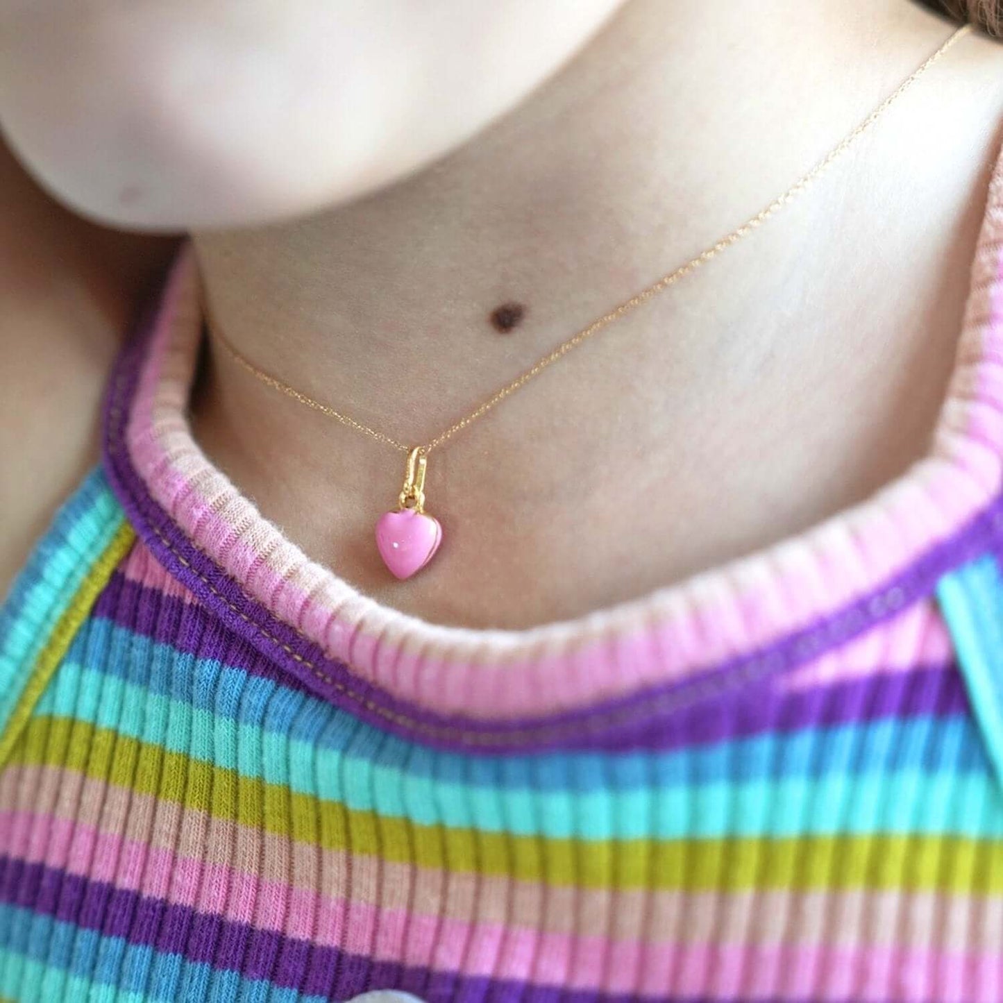 14k Yellow Gold Pink Enamel Heart Pendant Cable Chain 16-18"