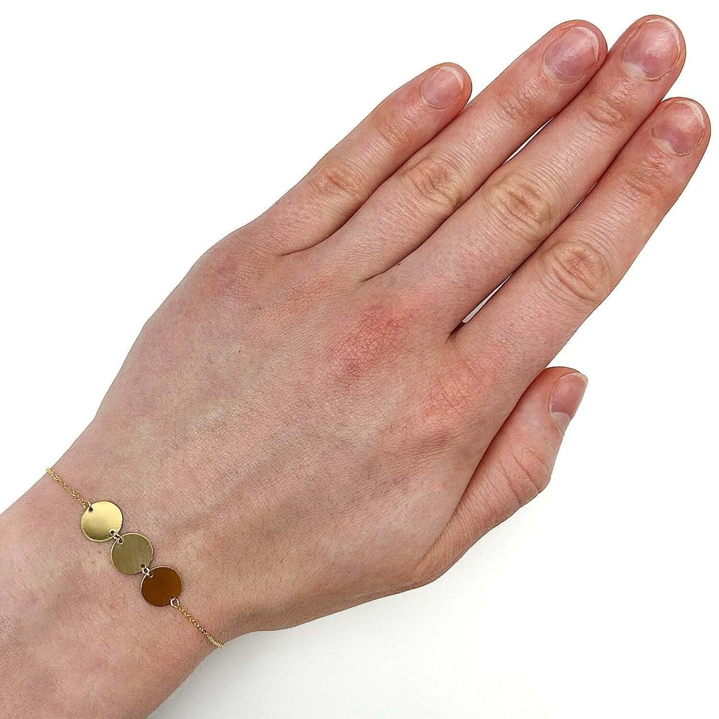 14K Real Gold Triple Circle Discs Bracelet 6.5"-7" Adjustable