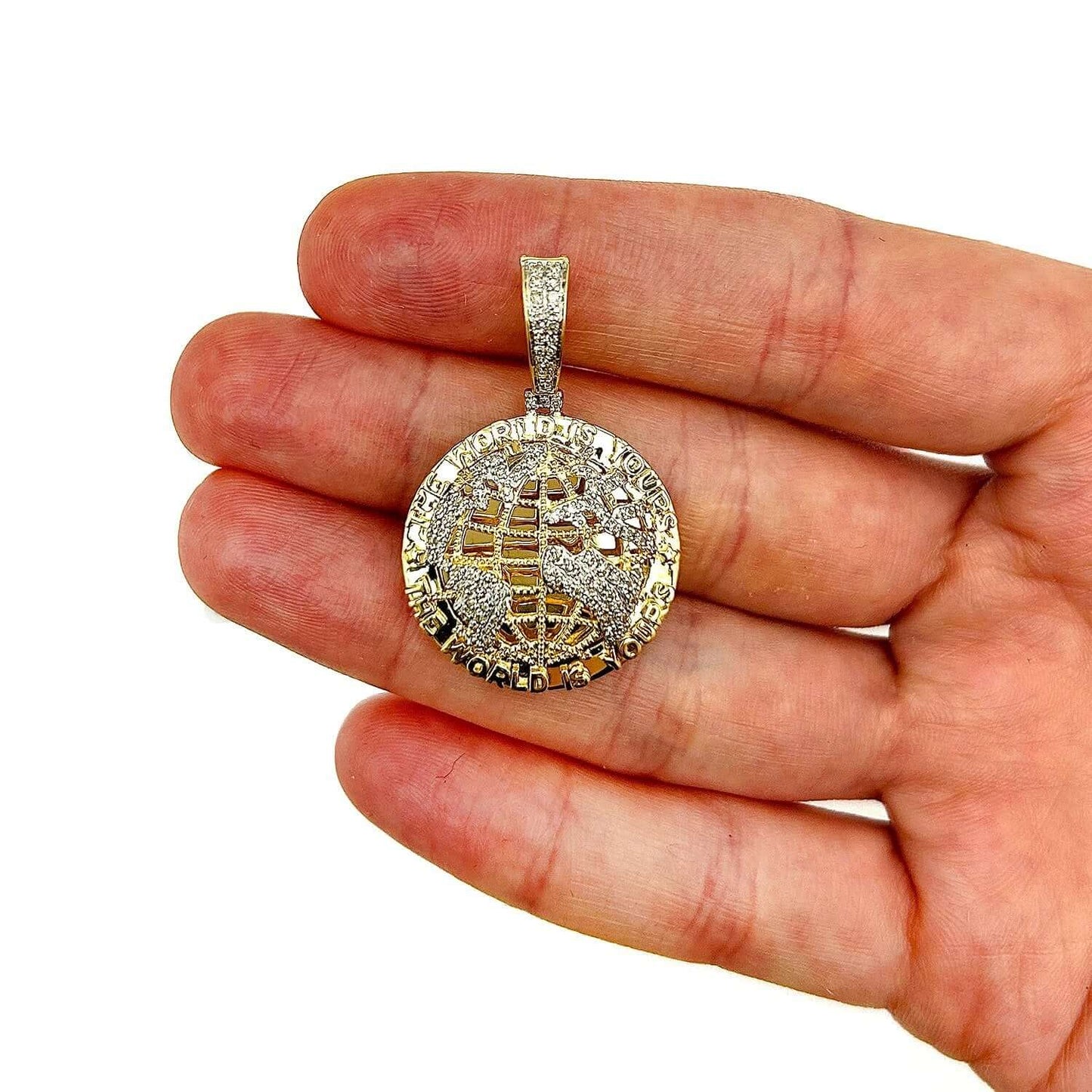0.50CTW Real Diamond 10K Yellow Gold The World is Yours Globe Pendant 1.5"