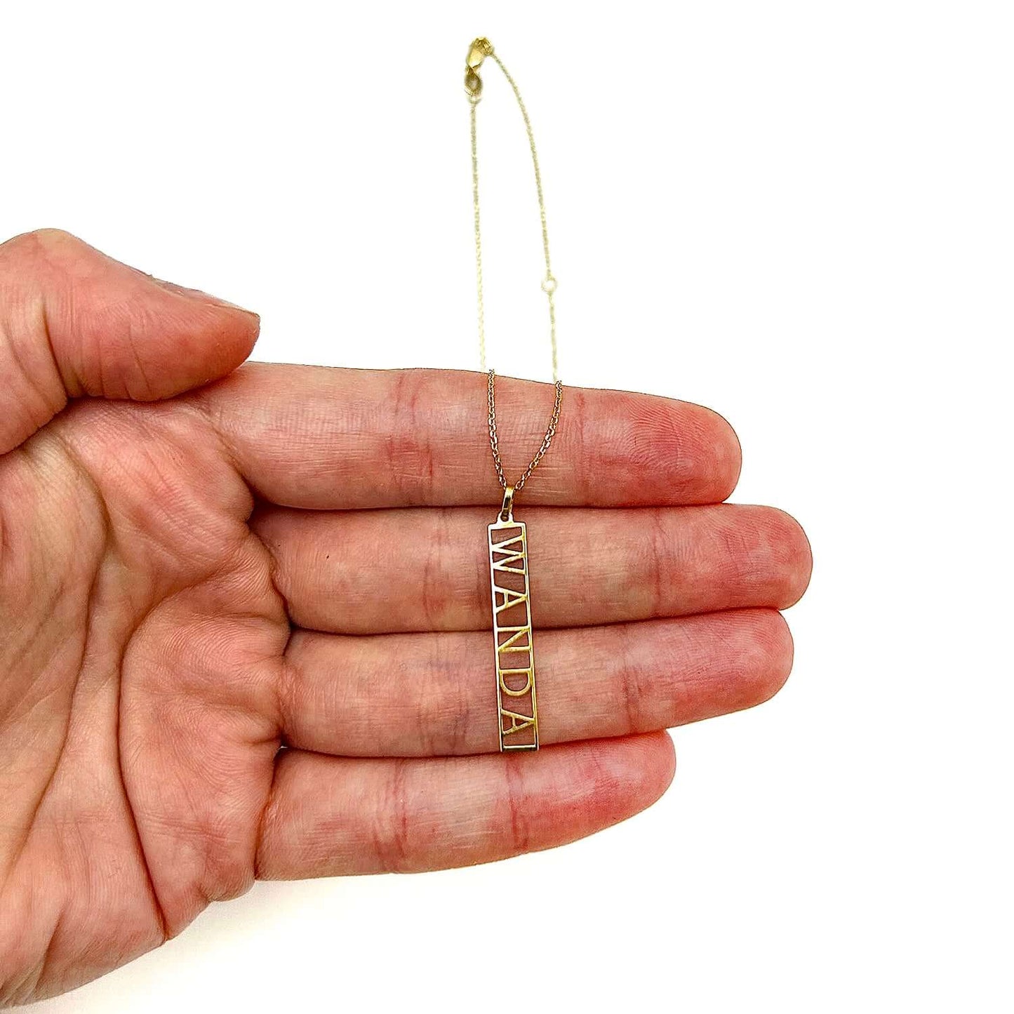 Customizable 14K Yellow Gold White Rose Vertical Nameplate 14"-18" Adjustable Necklace
